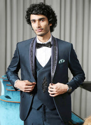 Elegant Teal Designer Suit with Embroidered Blue Satin Shawl Collar
