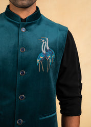 Teal velvet nehru jacket with embroidered motif