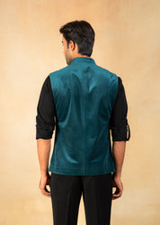 Teal velvet nehru jacket with embroidered motif