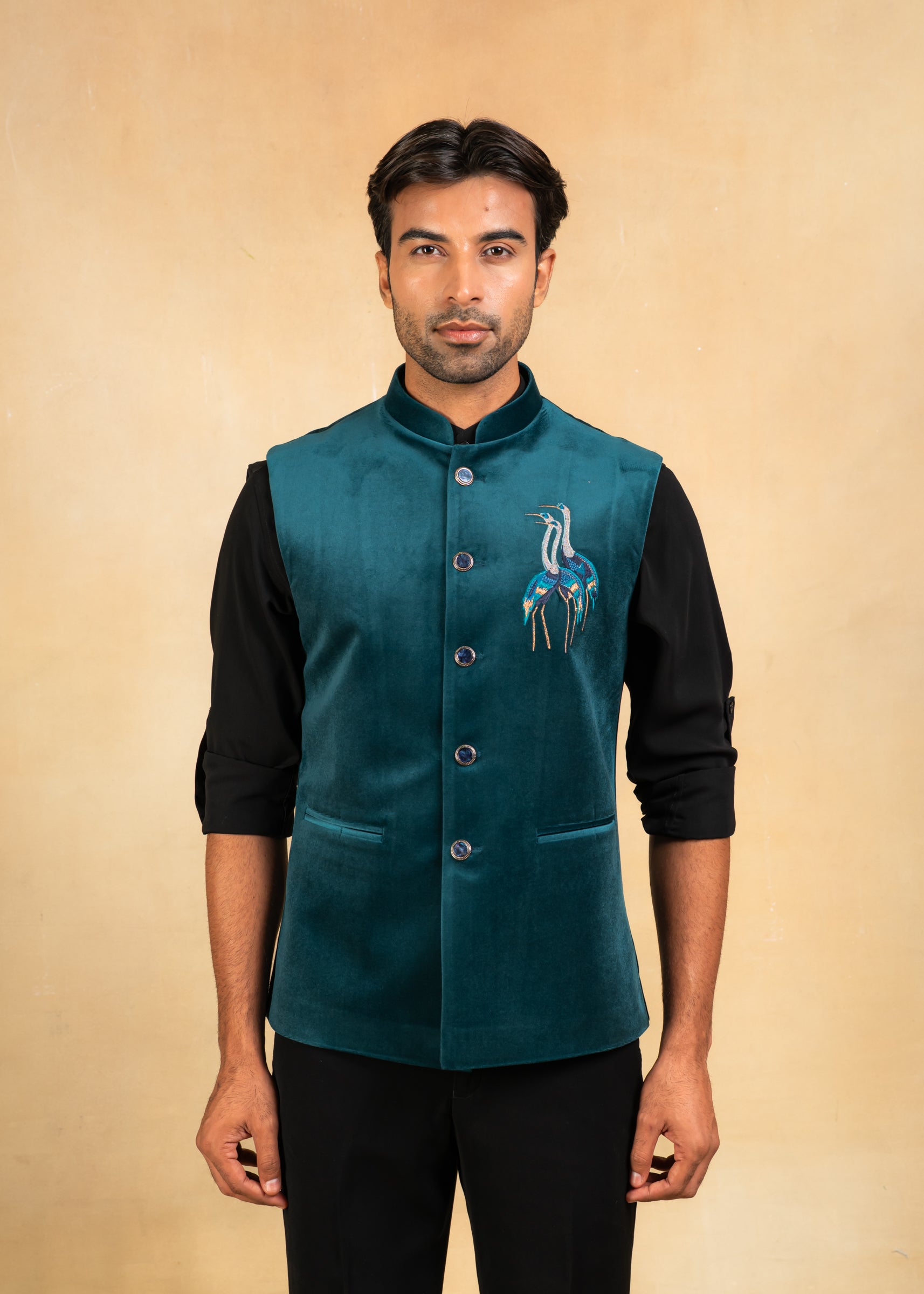 Teal velvet nehru jacket with embroidered motif