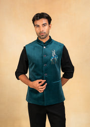 Teal velvet nehru jacket with embroidered motif