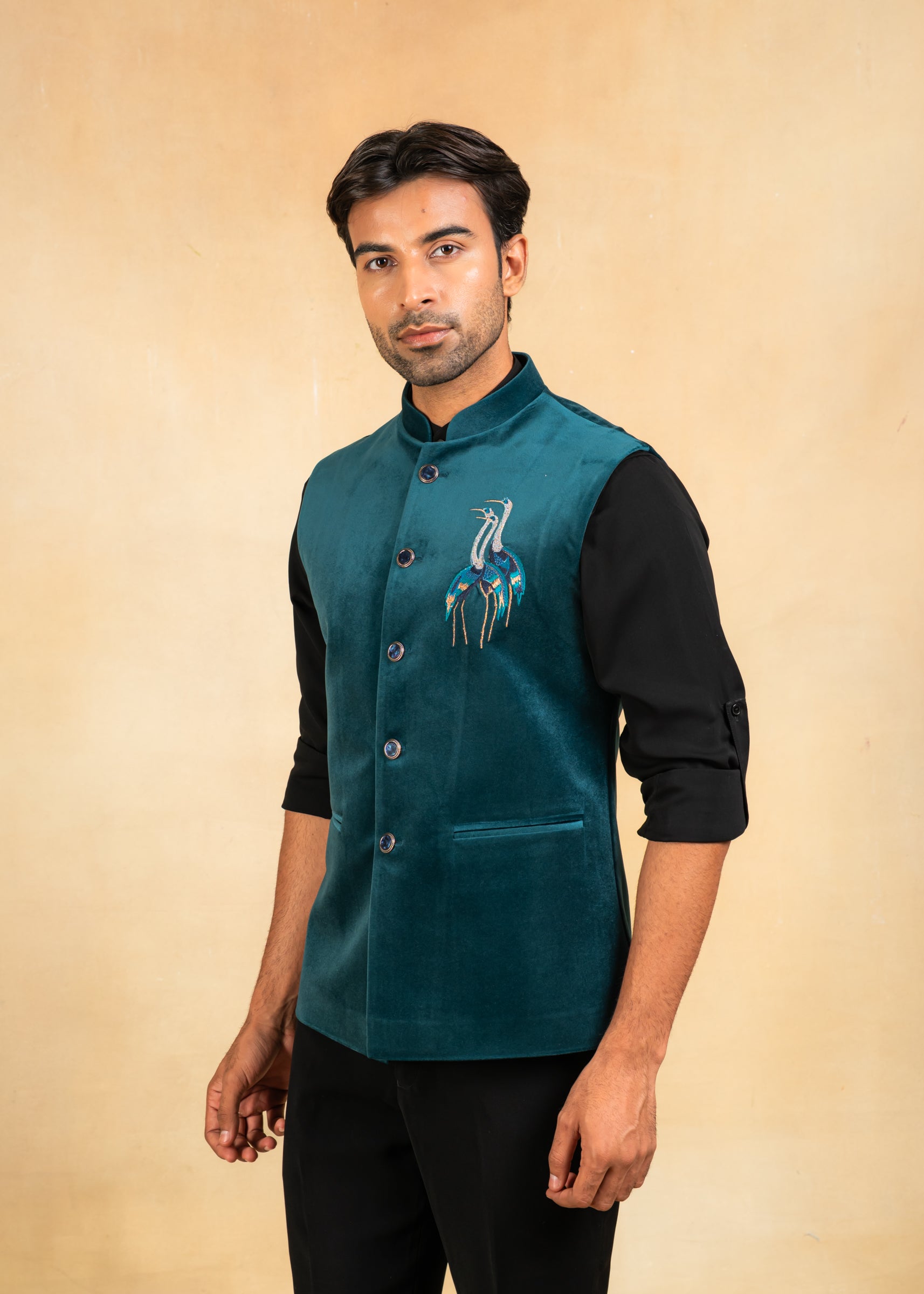 Teal velvet nehru jacket with embroidered motif