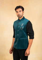 Teal velvet nehru jacket with embroidered motif