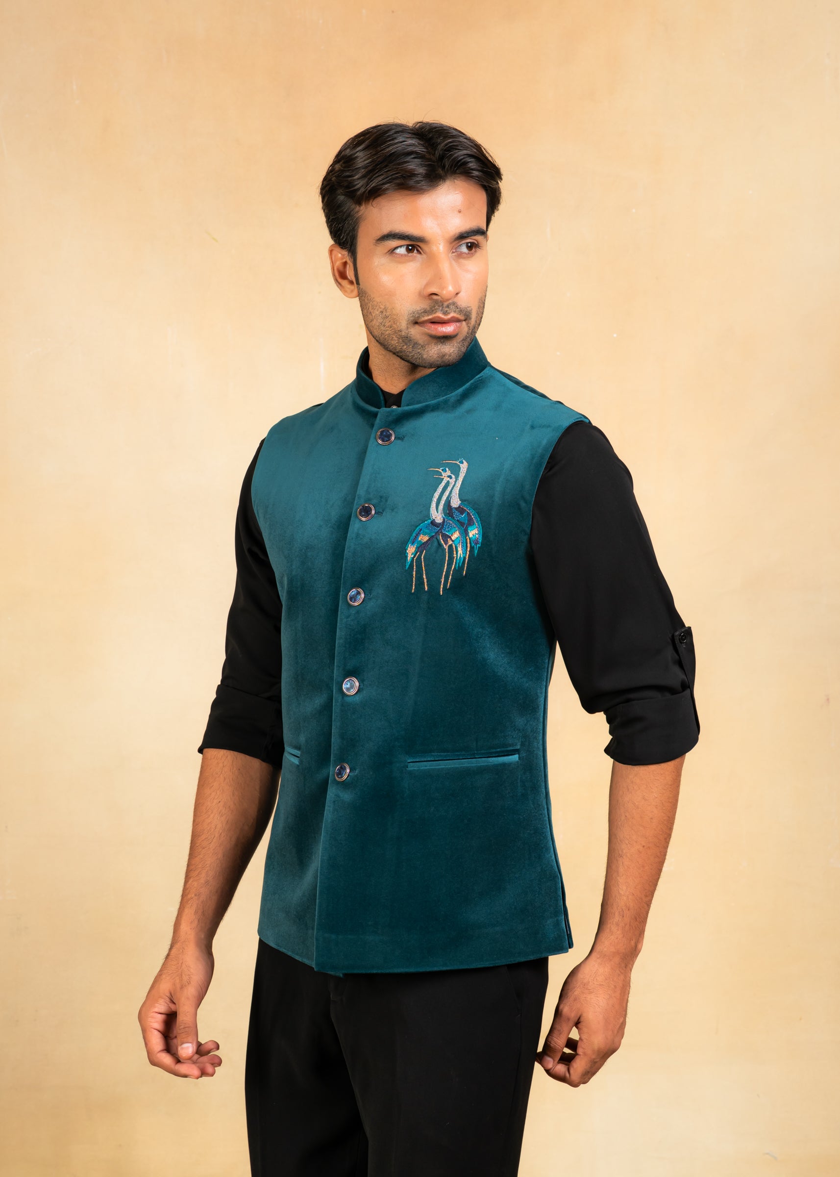 Teal velvet nehru jacket with embroidered motif