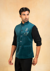 Teal velvet nehru jacket with embroidered motif