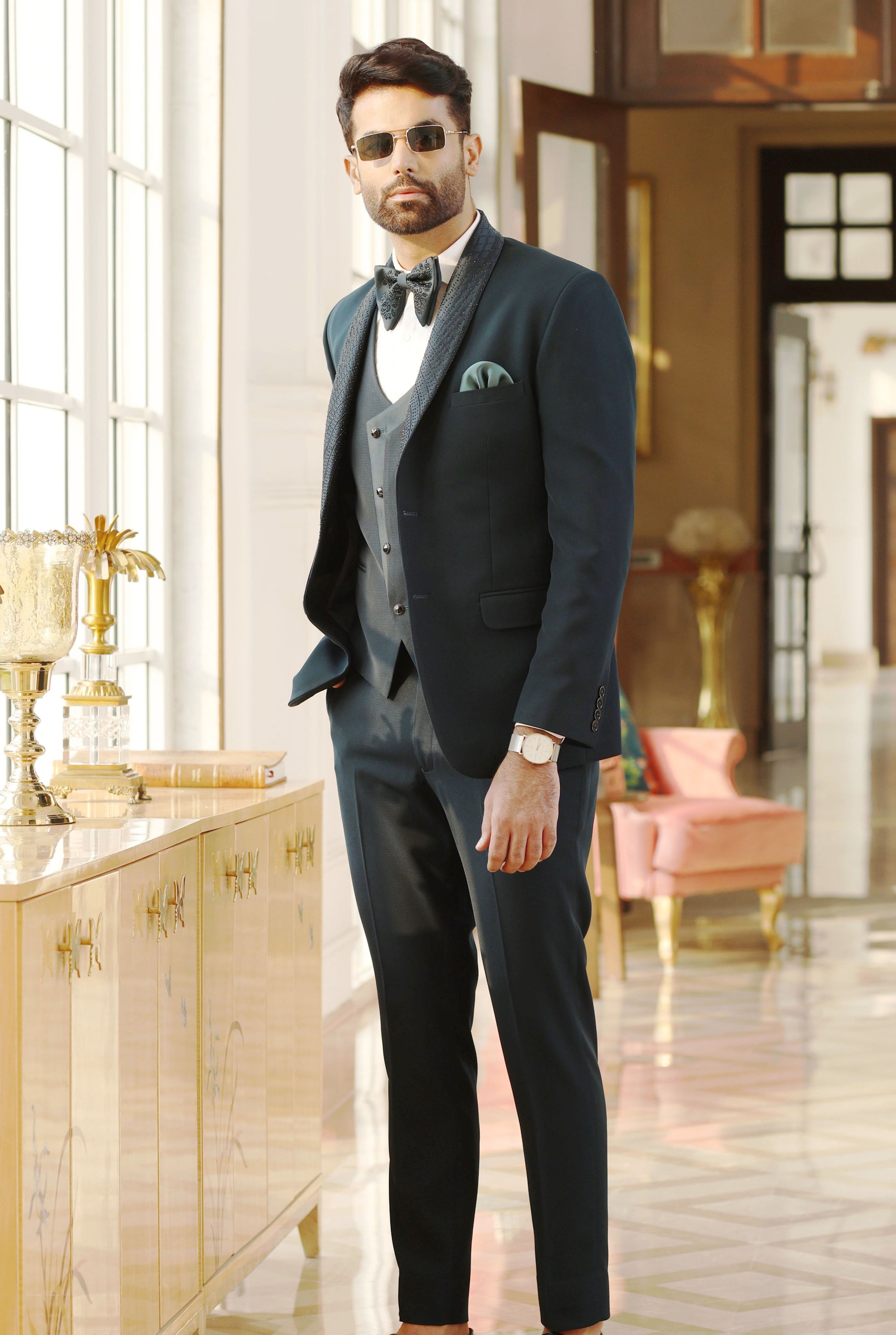 Textured Teal Jacquard Designer Suit – Bonsoir | Elegant Formal Attire Textured Teal Jacquard Designer Suit – Bonsoir | Elegant Formal Attire