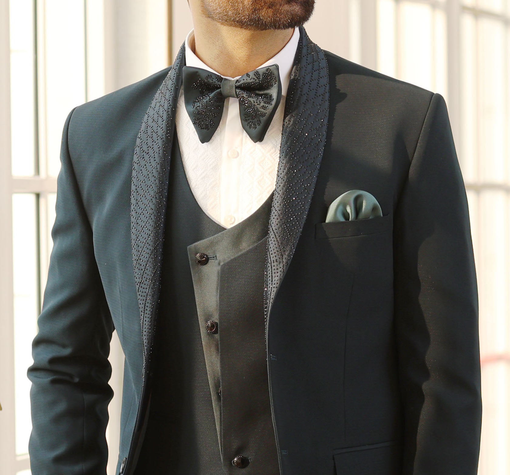 A Timeless Classic
Stylish Textured Teal Jacquard Designer Suit