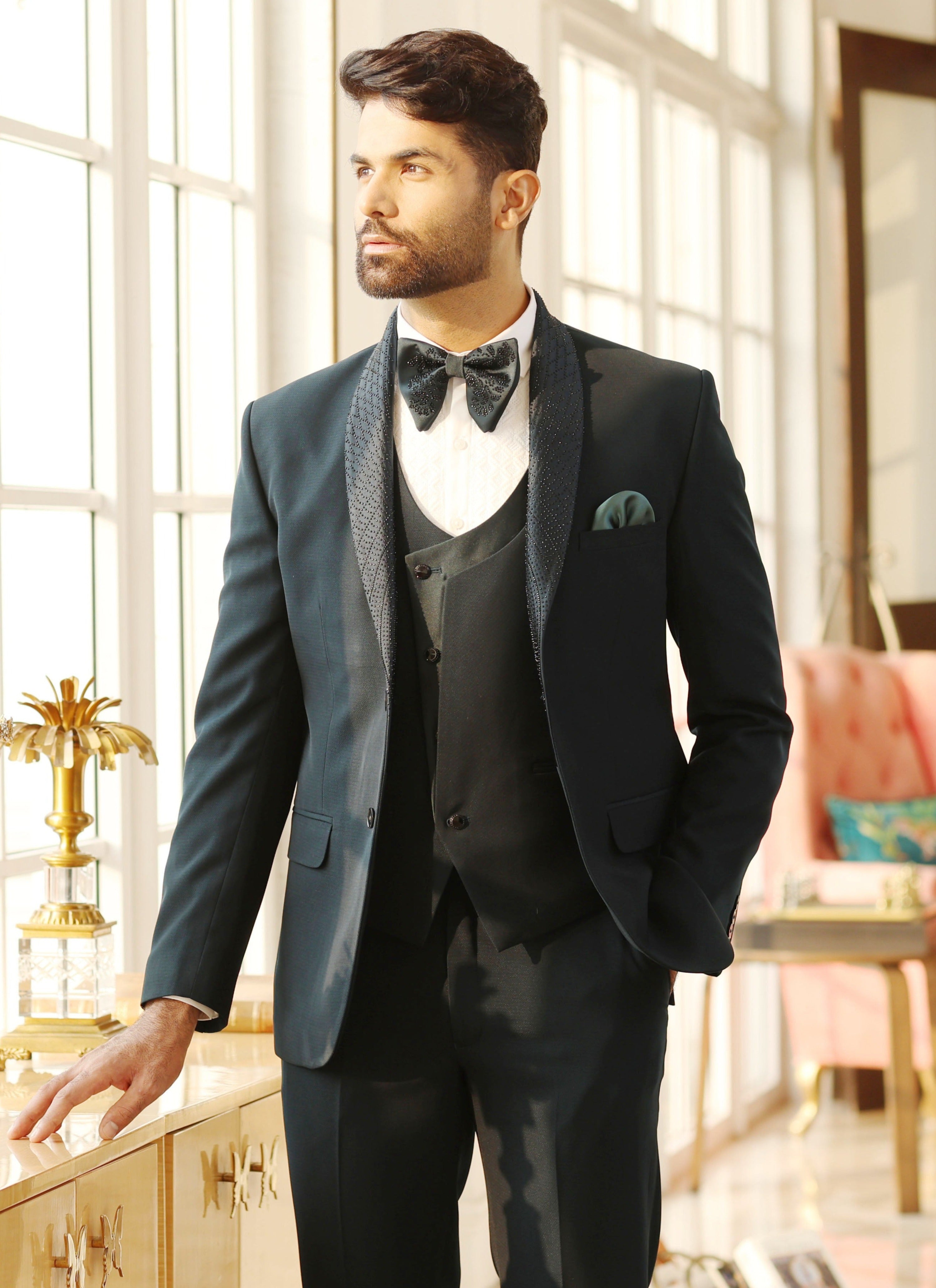Textured Teal Jacquard Designer Suit – Bonsoir Elegant Formal Attire