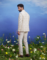 Men's beige thread embroidered open Bandhgala suit, presented as a complete outfit on a product page, designed for festive and wedding events.