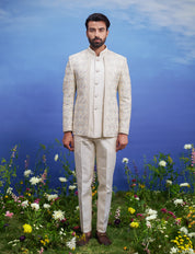 A detailed view of the beige thread embroidered open Bandhgala suit, showcasing the thread embroidery and open front design.