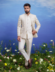 Beige thread embroidered open Bandhgala suit for men, blending traditional elegance with modern open front styling and intricate embroidery, suitable for weddings.
