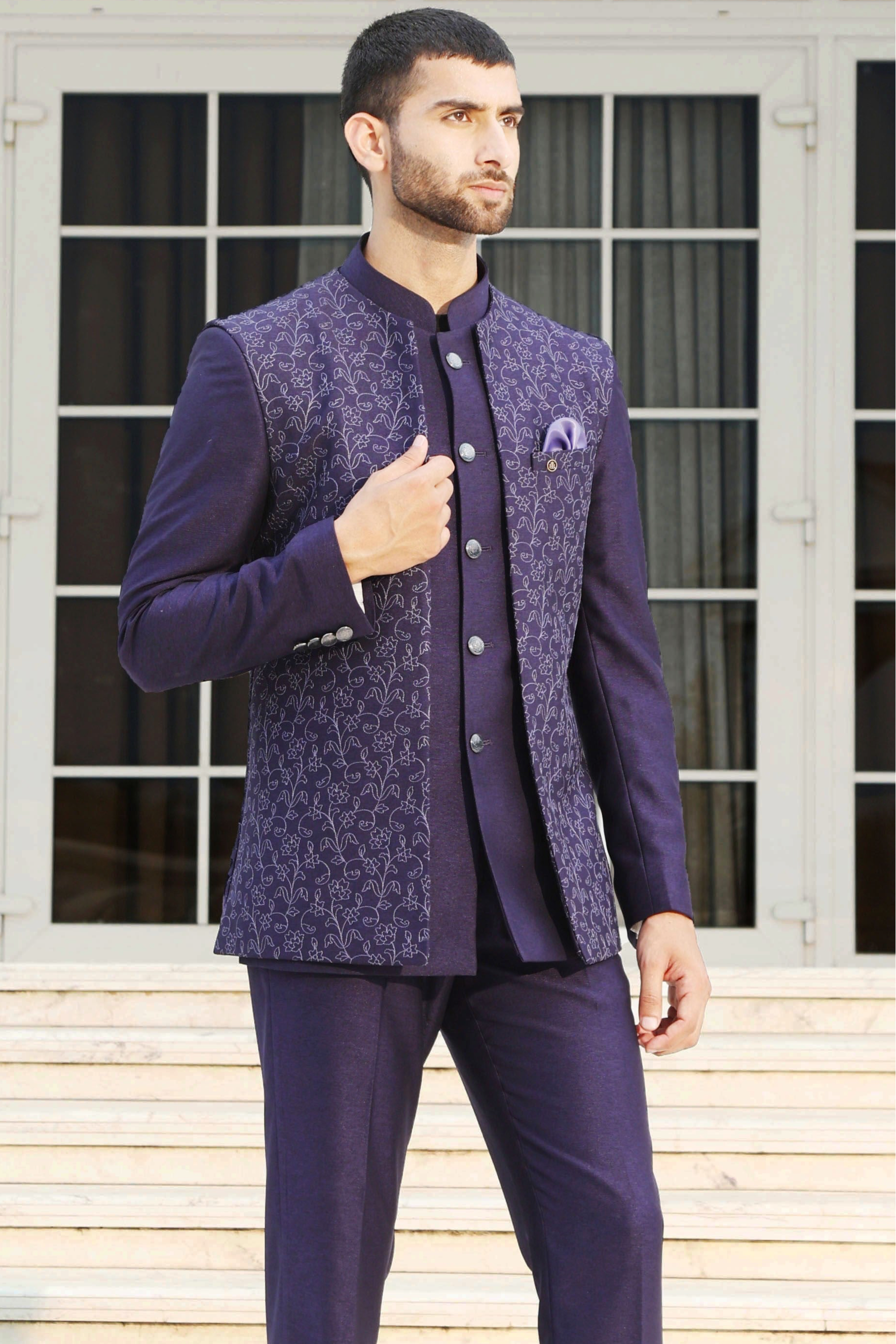 Three-piece Purple Designer Bandhgala suit
