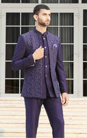 Elegant Three-Piece Purple Designer Bandhgala Suit