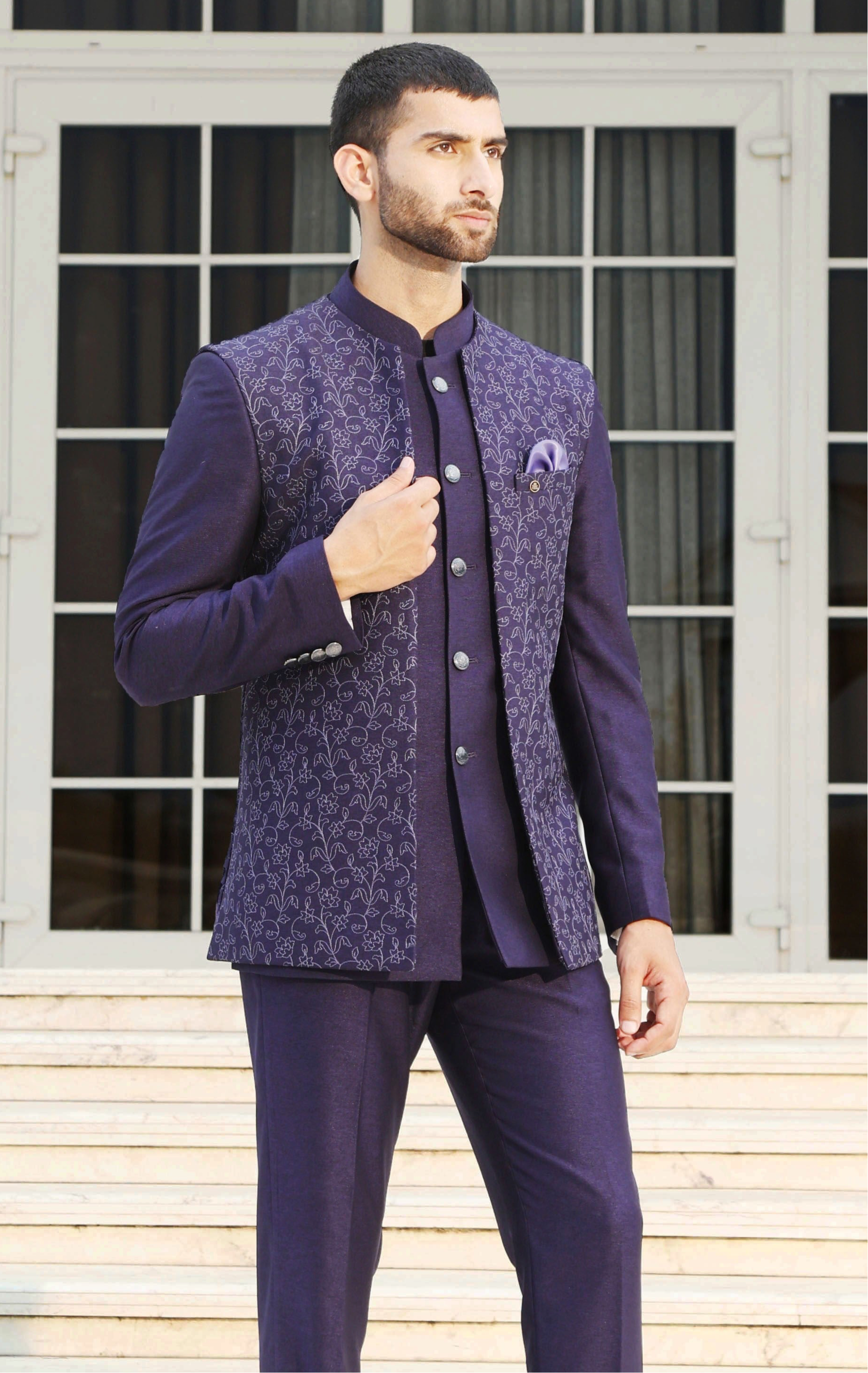 Elegant Three-Piece Purple Designer Bandhgala Suit