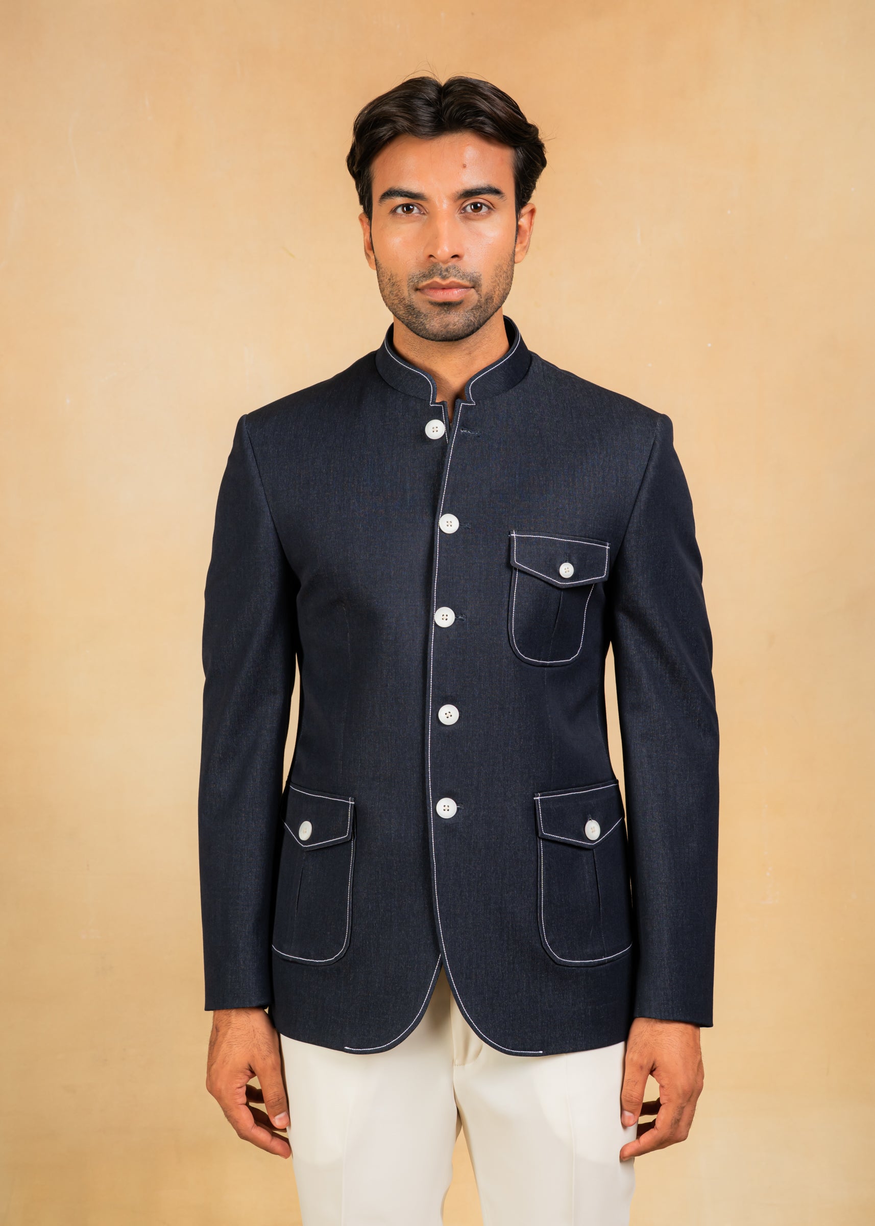 Navy Bandhgala blazer with Denim