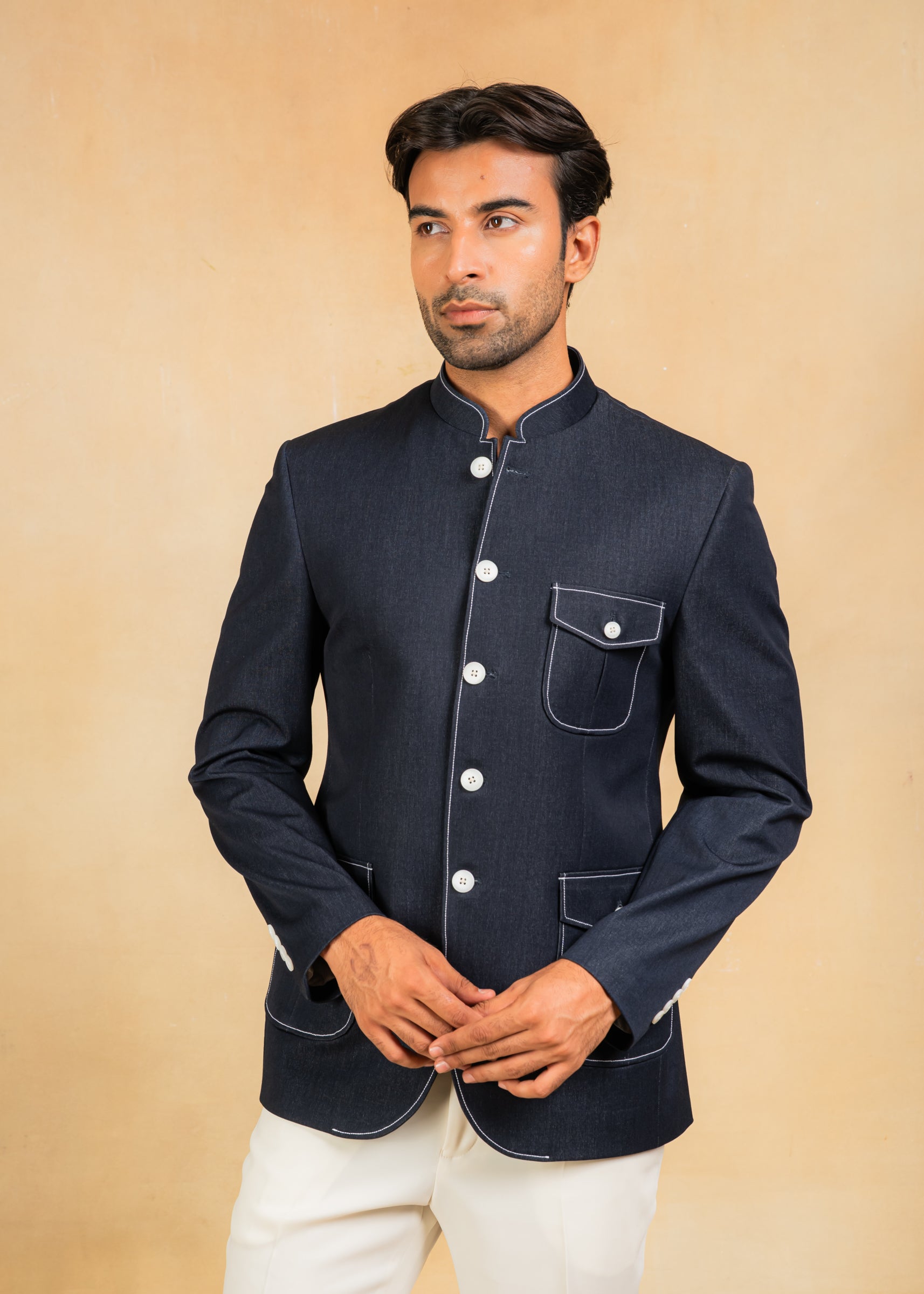 Navy Bandhgala blazer with Denim