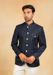Navy Bandhgala blazer with Denim