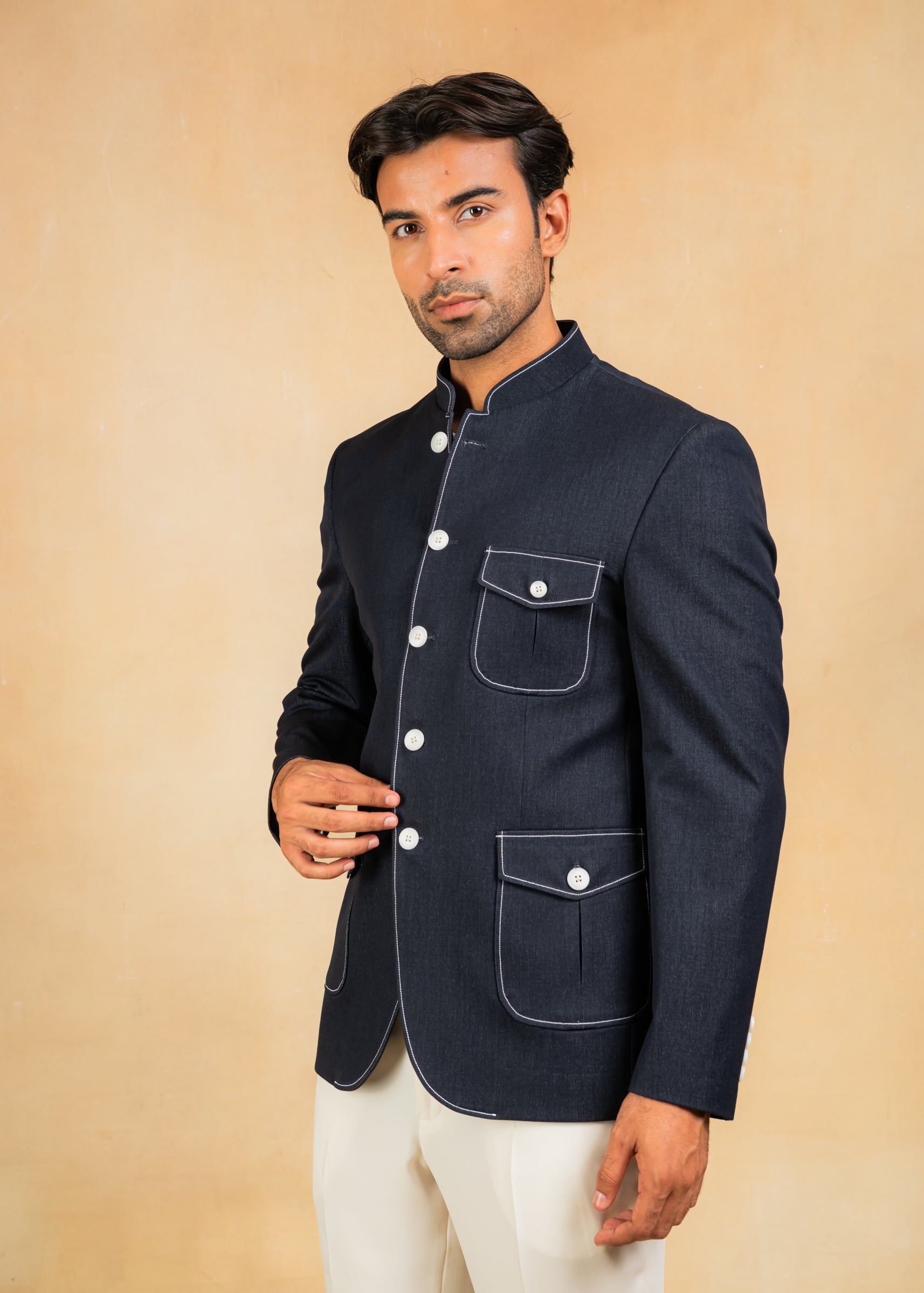 Navy Bandhgala blazer with Denim
