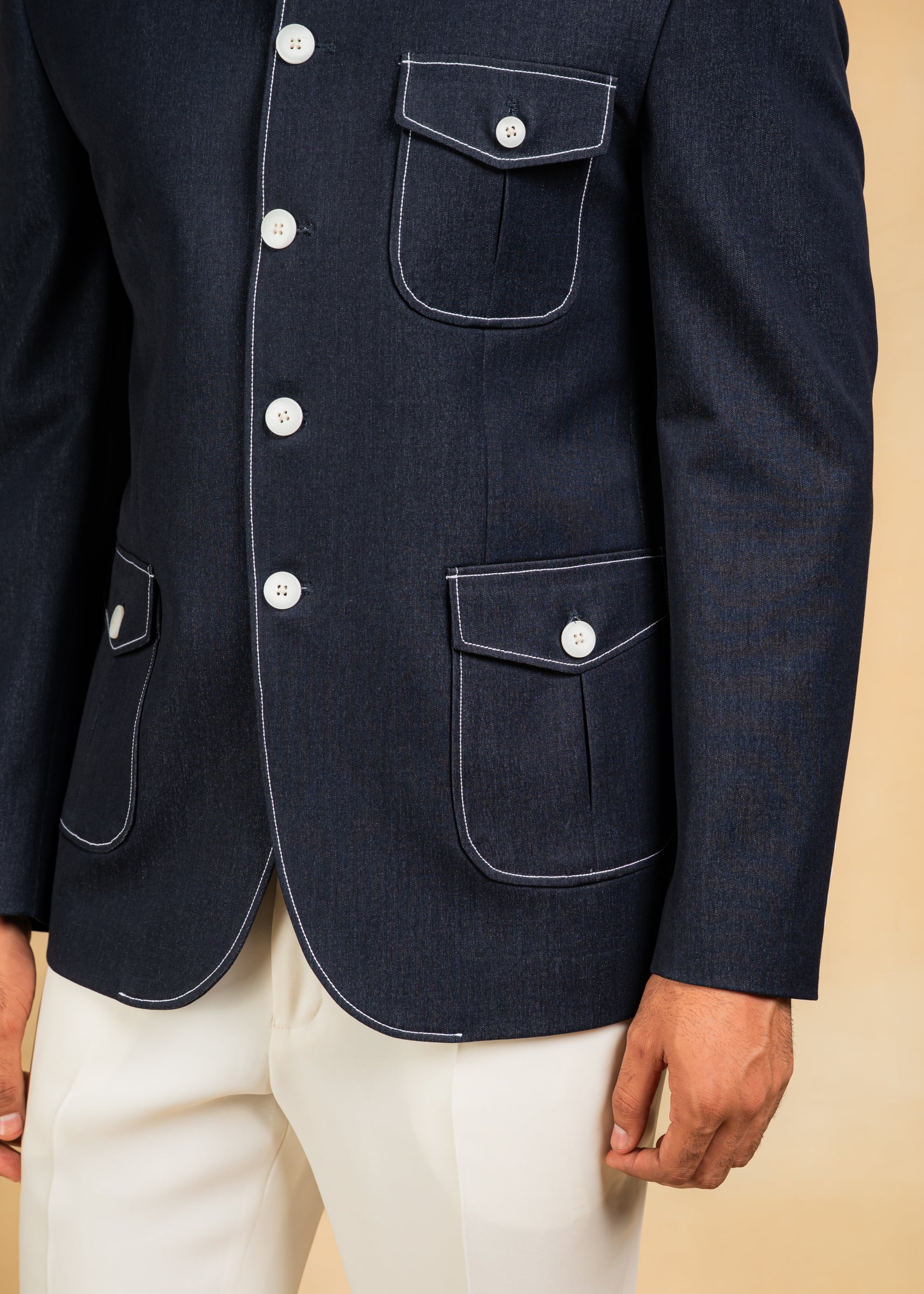 Navy Bandhgala blazer with Denim