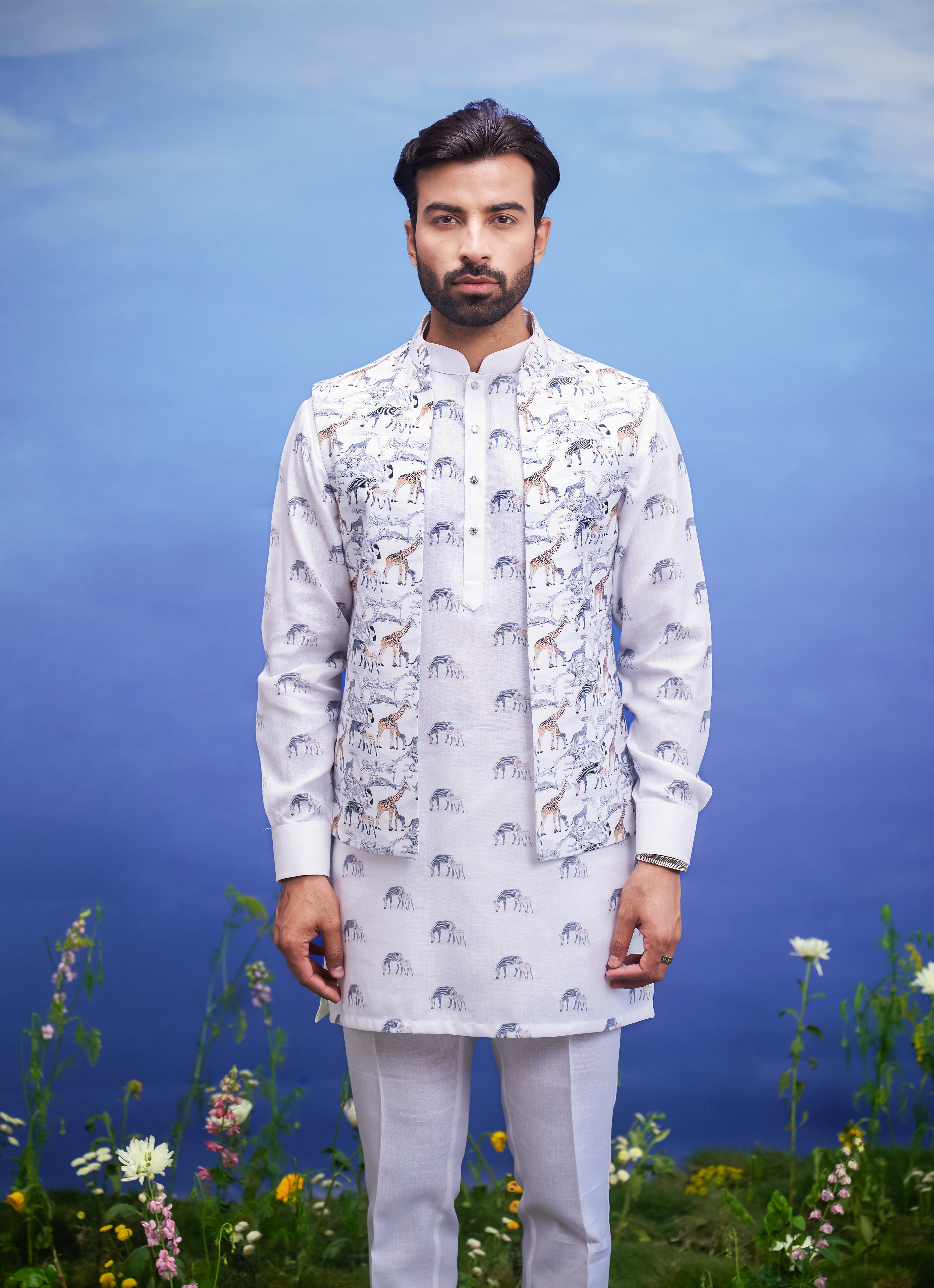 Men's white kurta jacket set with a front open jacket, displayed on a product page with size options.