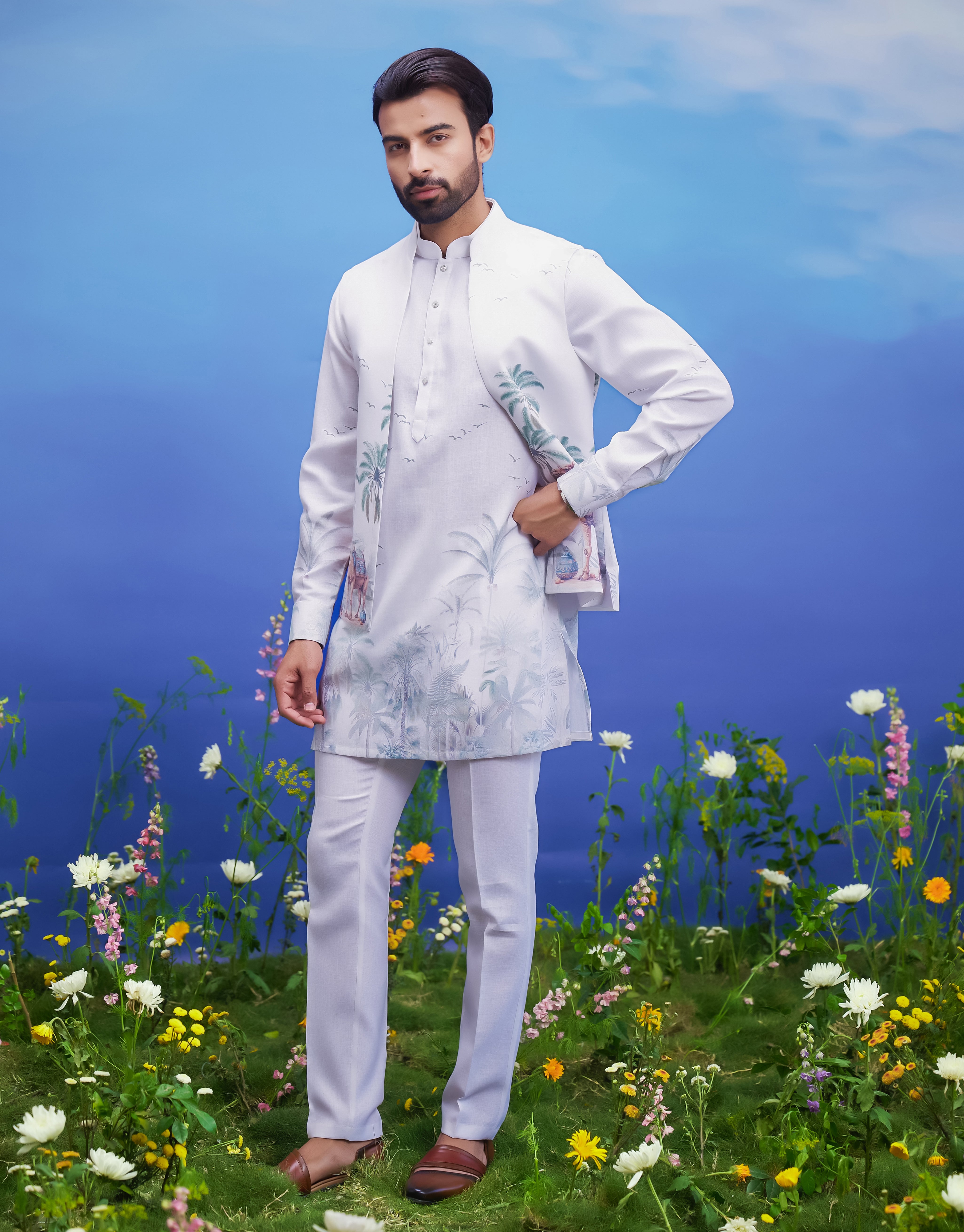 White Printed Kurta Jacket Set – Bonsoir - Main Image