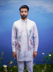 Men's white kurta jacket set with a print, displayed on a product page with size options.