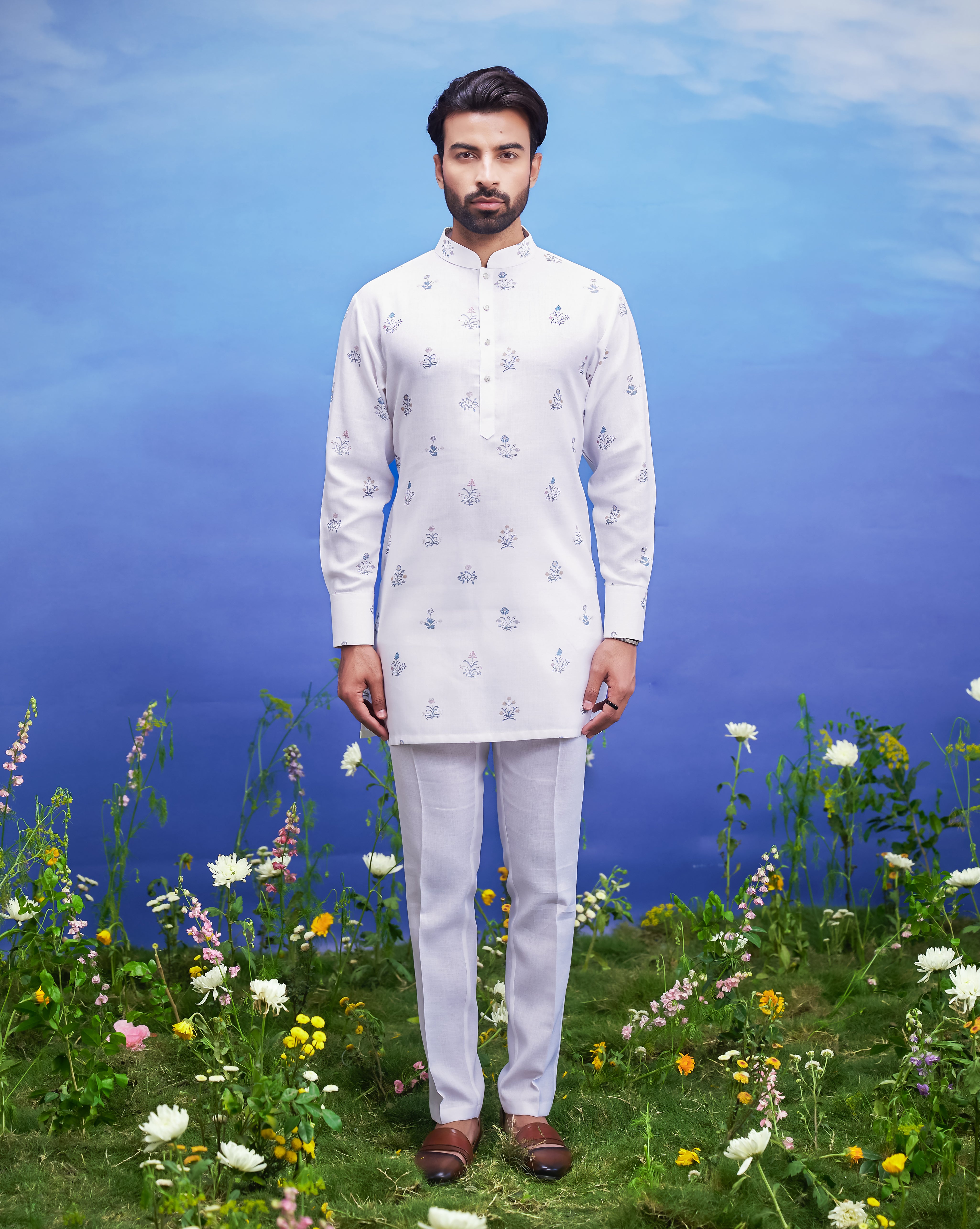 White linen kurta set, men's ethnic wear, featuring a linen blend kurta and pajama.
