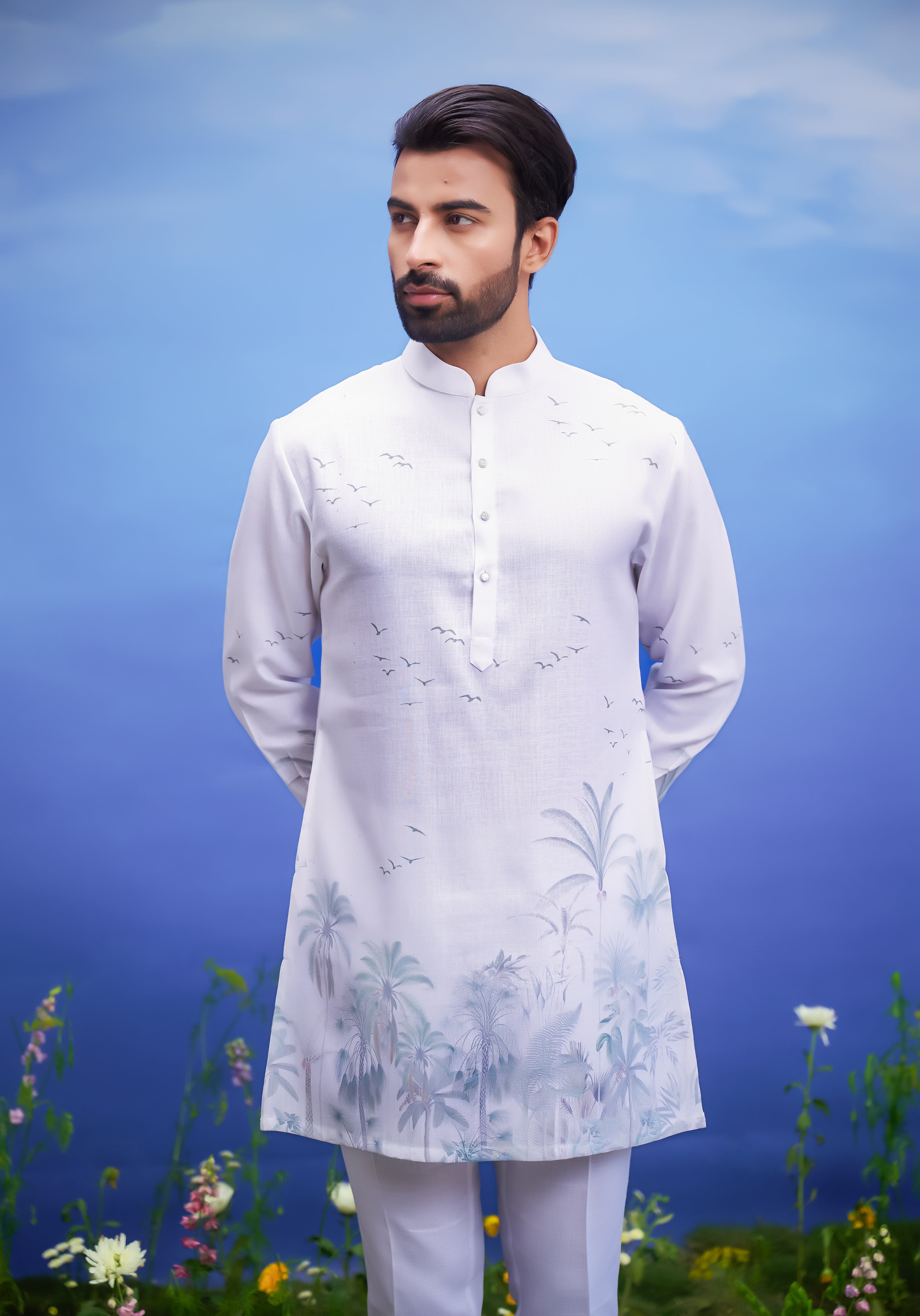 White linen kurta set, unisex ethnic wear, featuring a linen blend kurta and pajama.