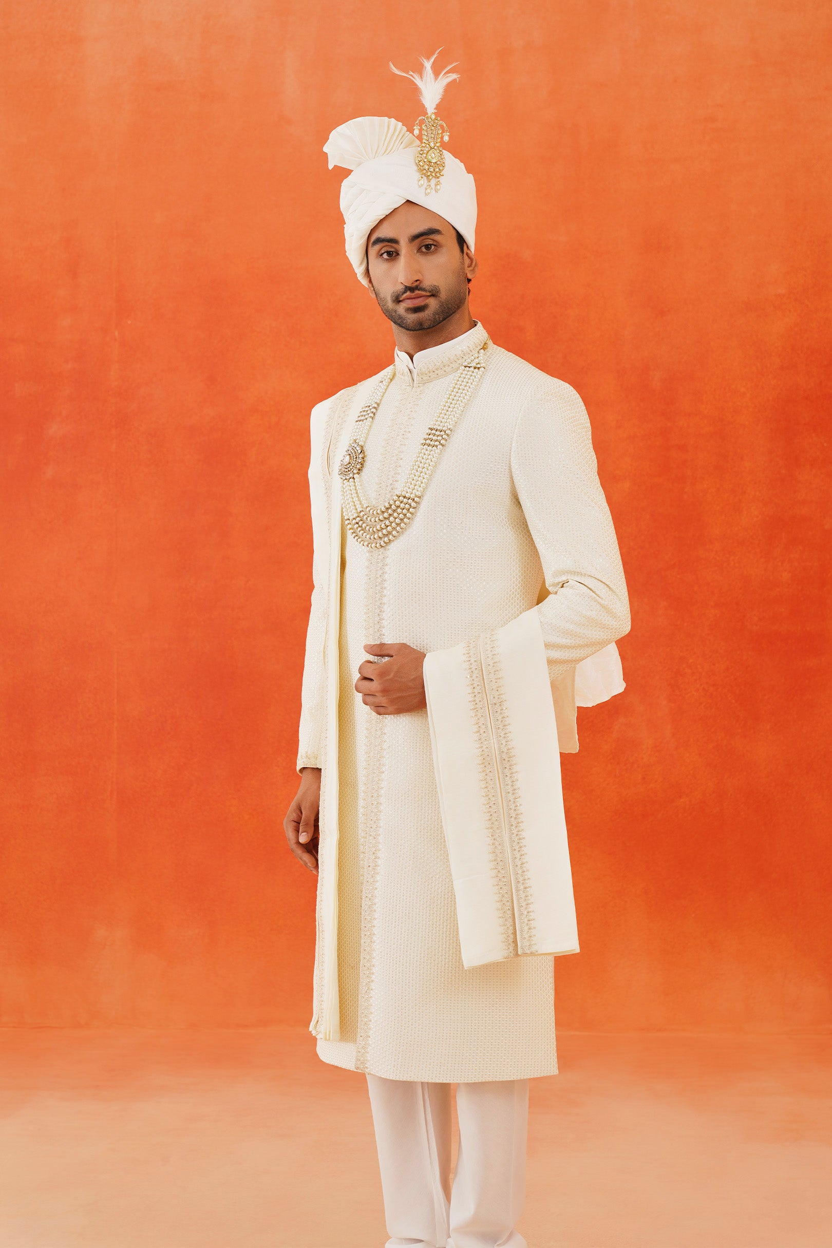 Luxurious White Silk Sherwani Set