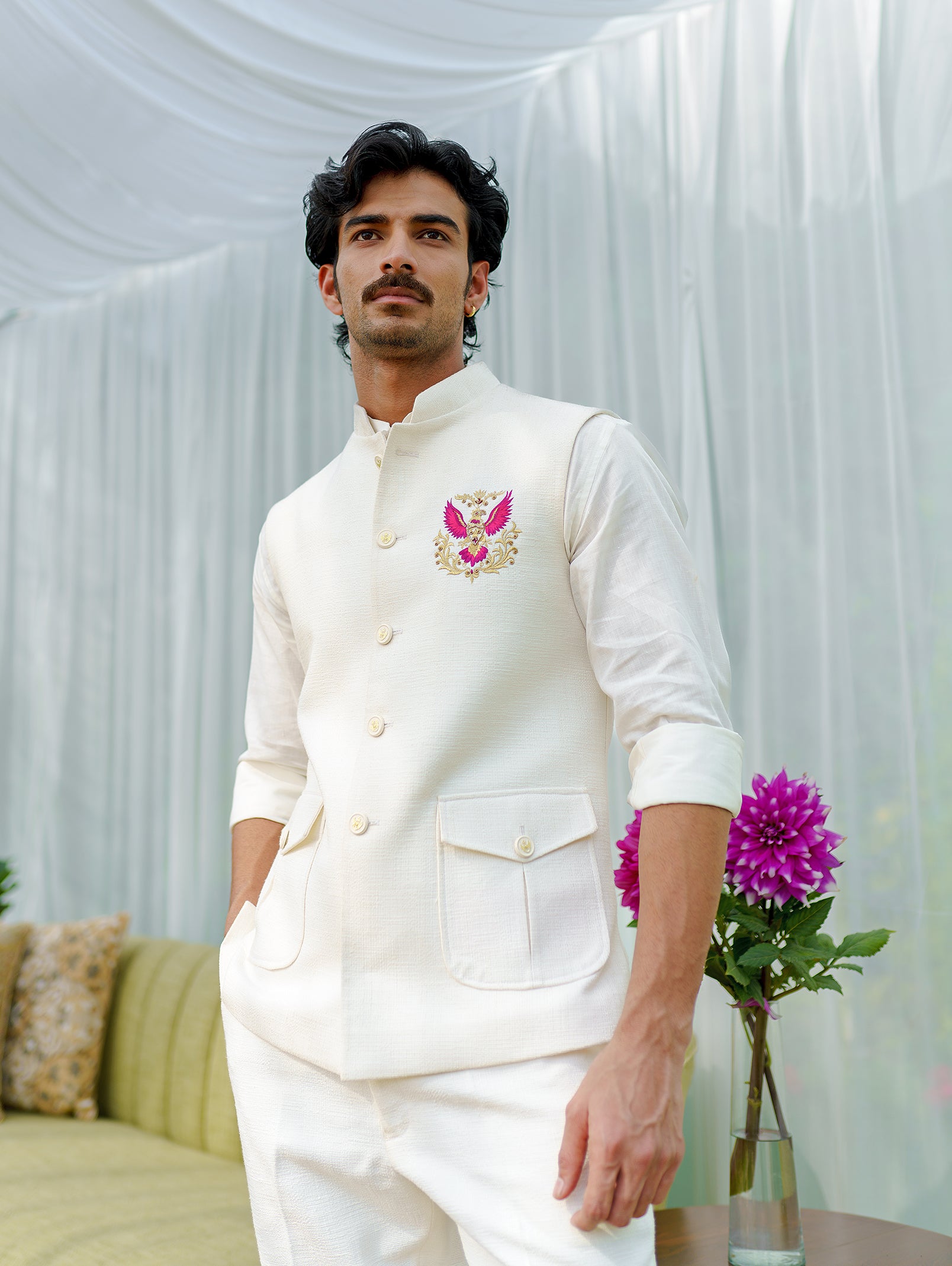 White shirt jacket sets with Eagle motif