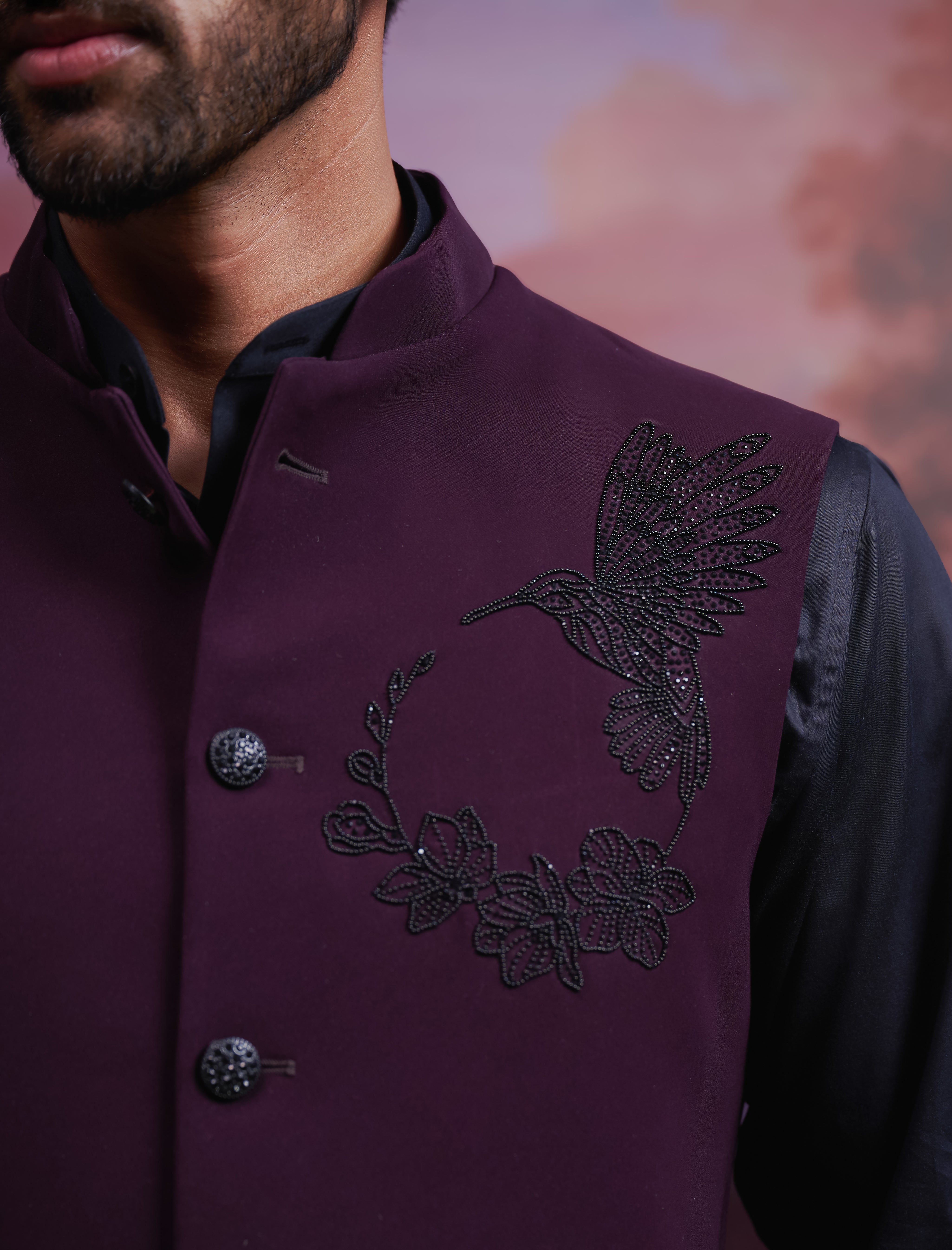 Wine Nehru Jacket with Hand Embroidered Motif