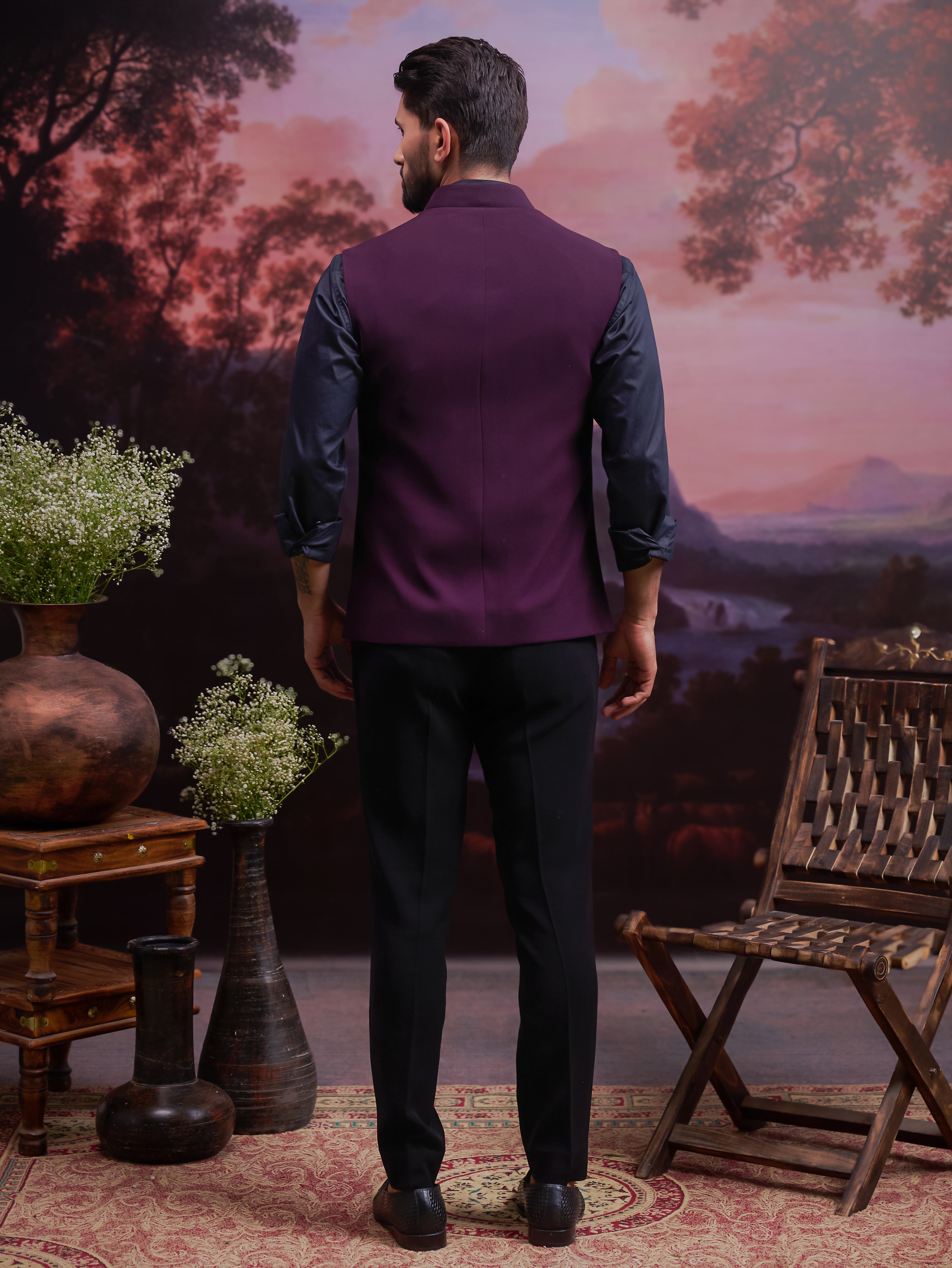 Wine Nehru Jacket with Hand Embroidered Motif
