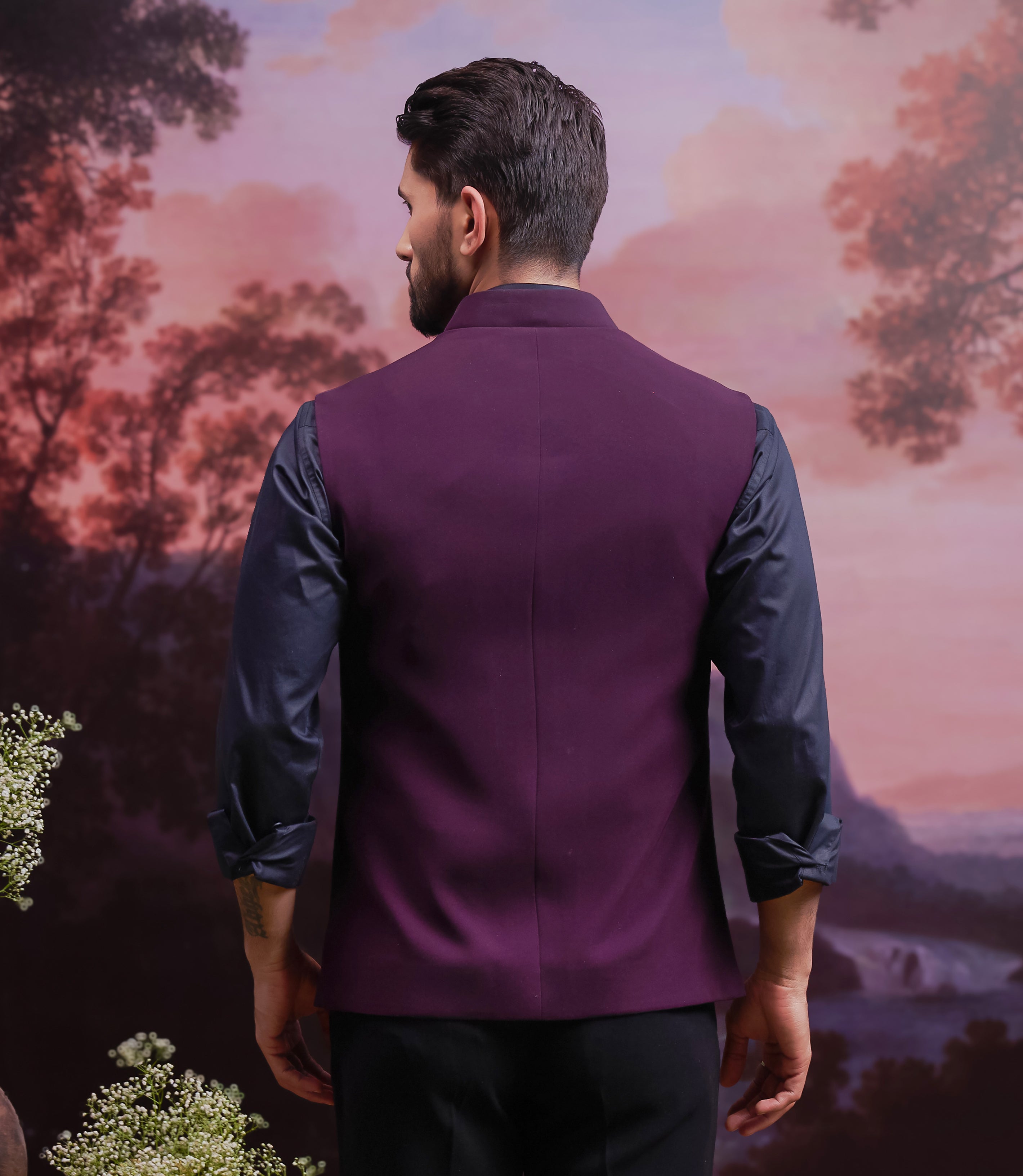 Wine Nehru Jacket with Hand Embroidered Motif
