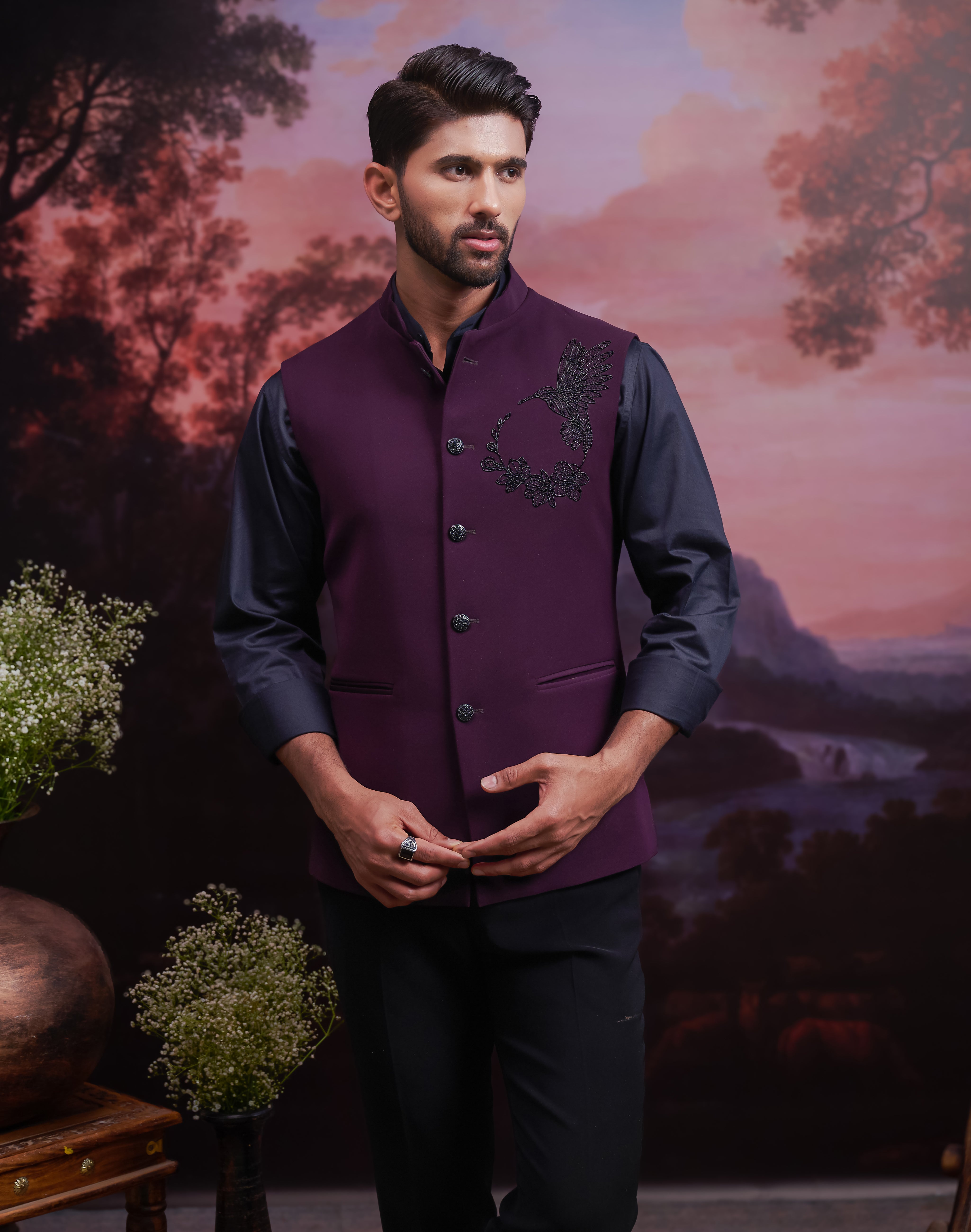 Wine Nehru Jacket with Hand Embroidered Motif