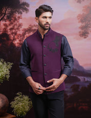 Wine Nehru Jacket with Hand Embroidered Motif