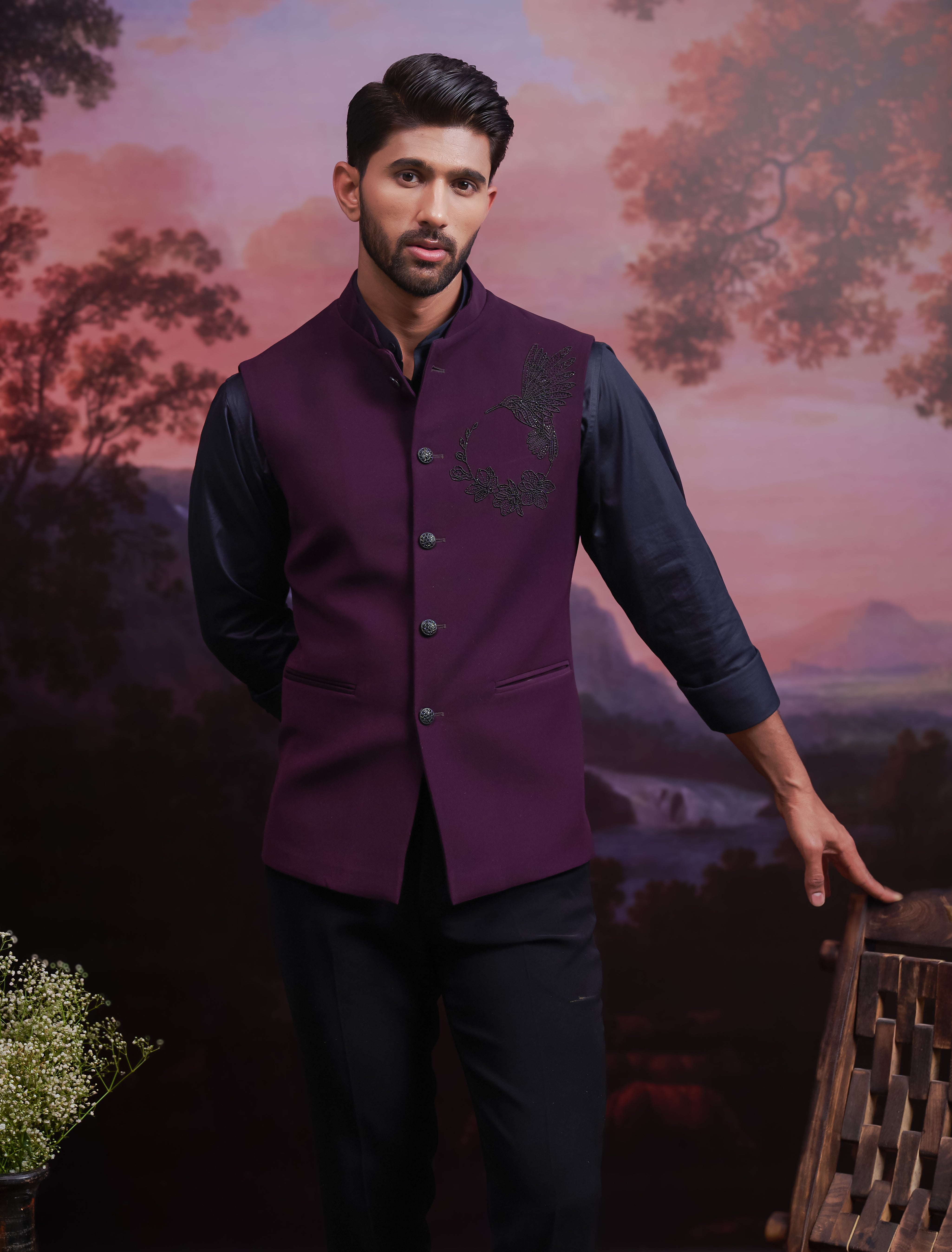 Wine Nehru Jacket with Hand Embroidered Motif