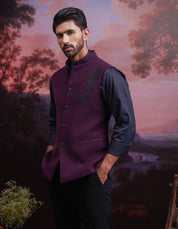 Wine Nehru Jacket with Hand Embroidered Motif