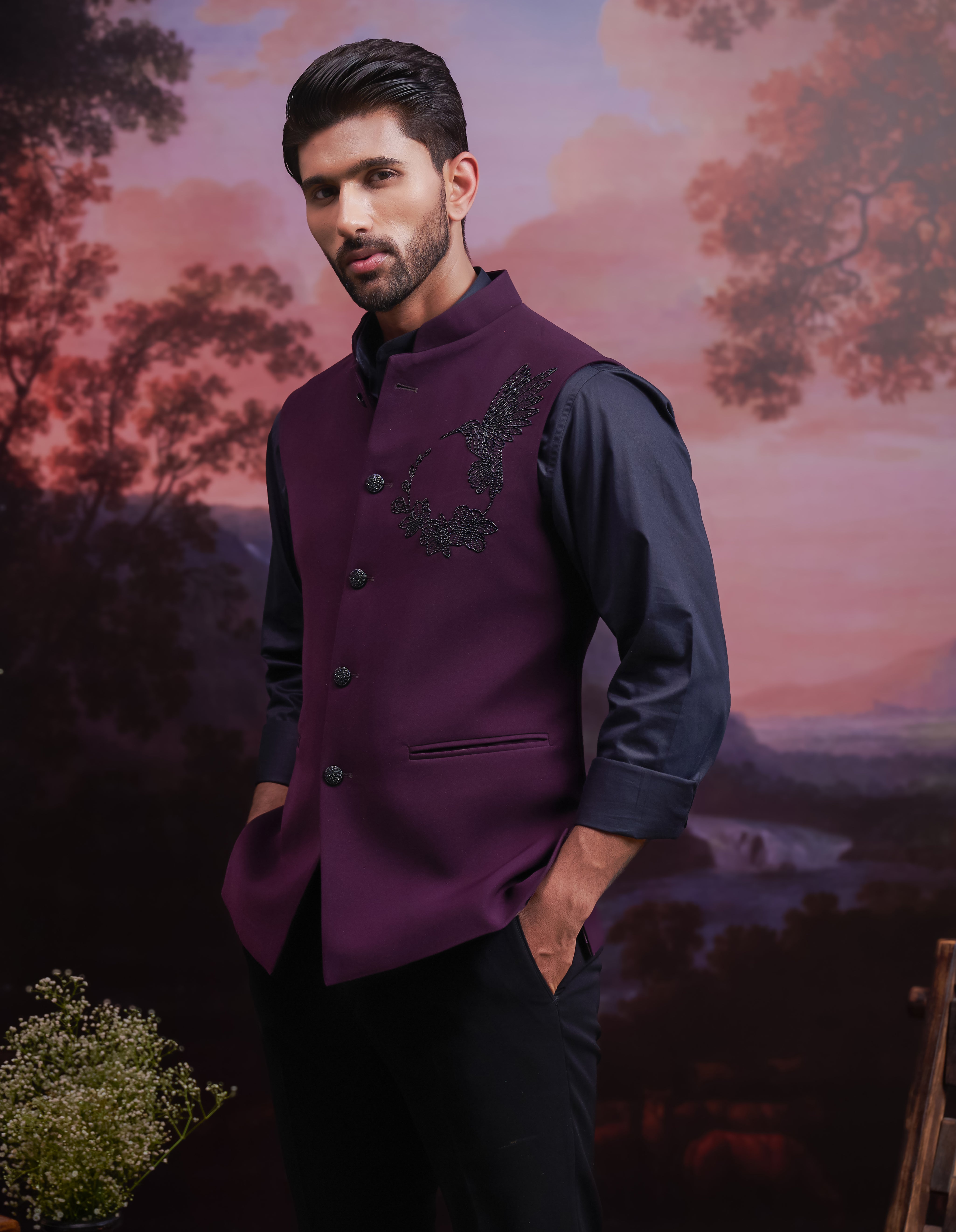 Wine Nehru Jacket with Hand Embroidered Motif
