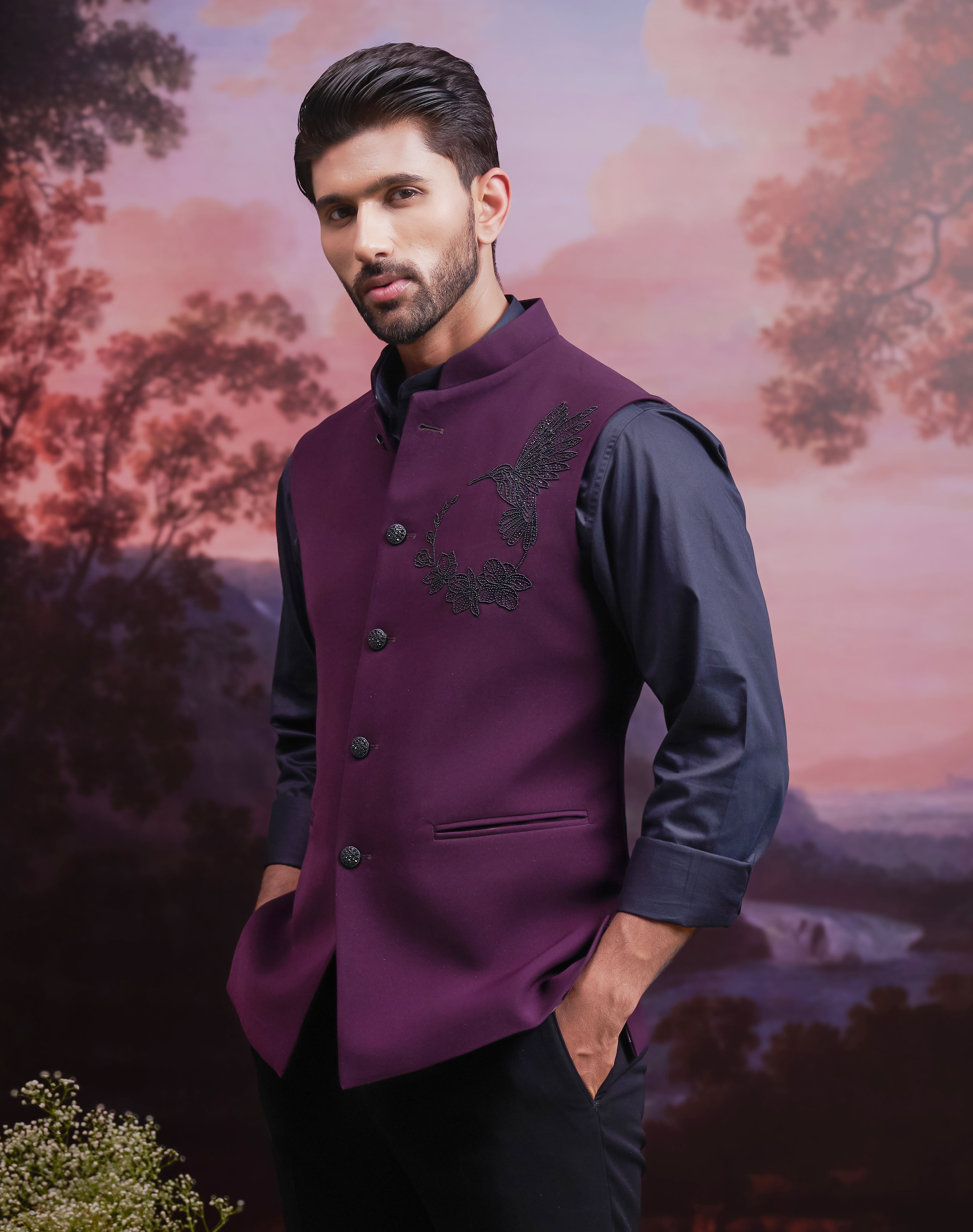 Wine Nehru Jacket with Hand Embroidered Motif