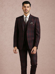Stylish Wine Broad Checked 5-Piece Suit