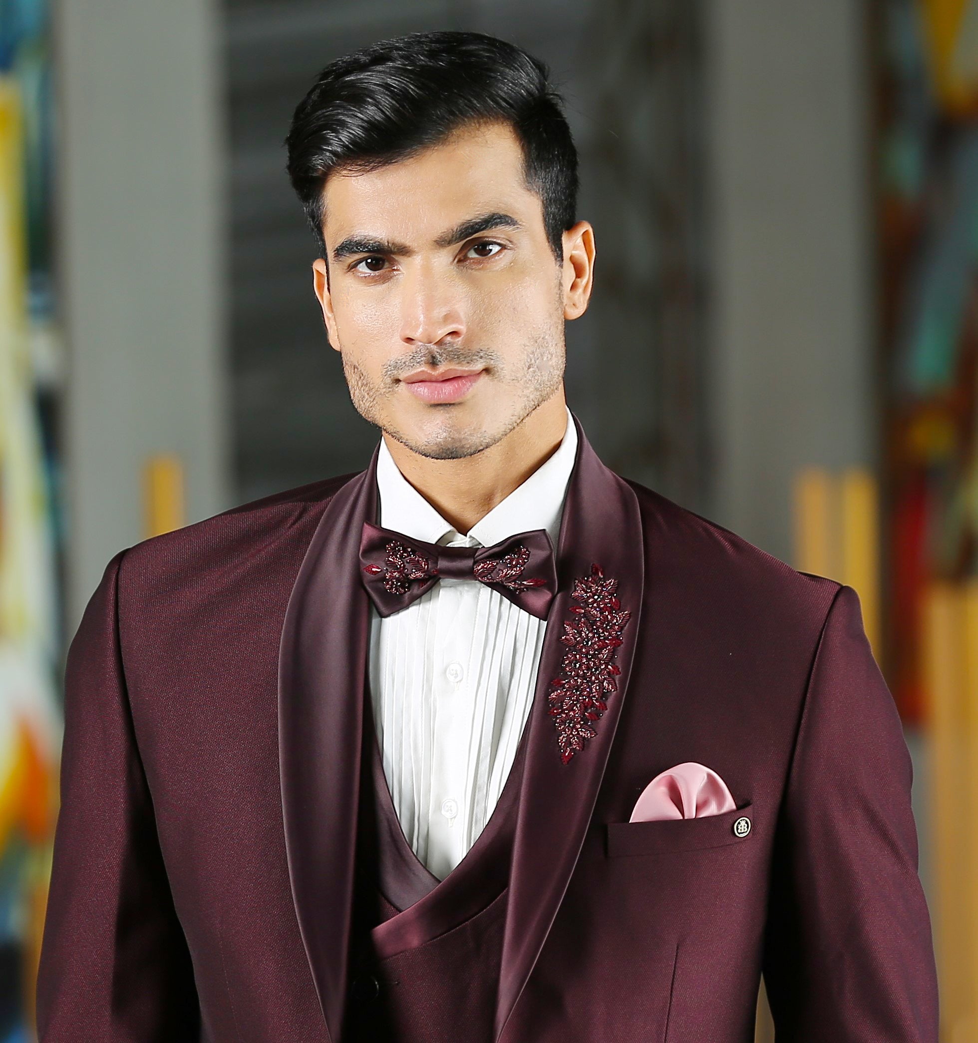 A Timeless Classic
Stylish Wine Designer Suit with Intricate Embroidery