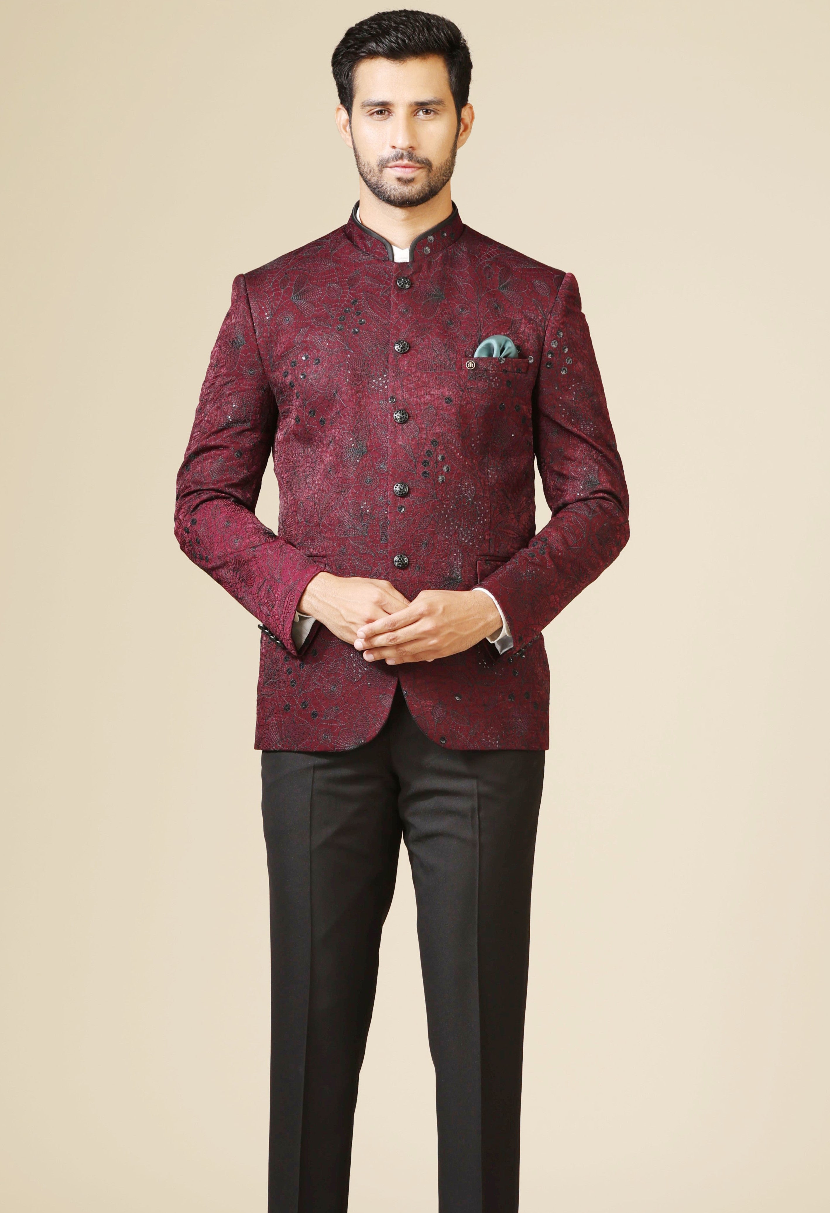 Elegant Wine Embroidered Bandhgala Set