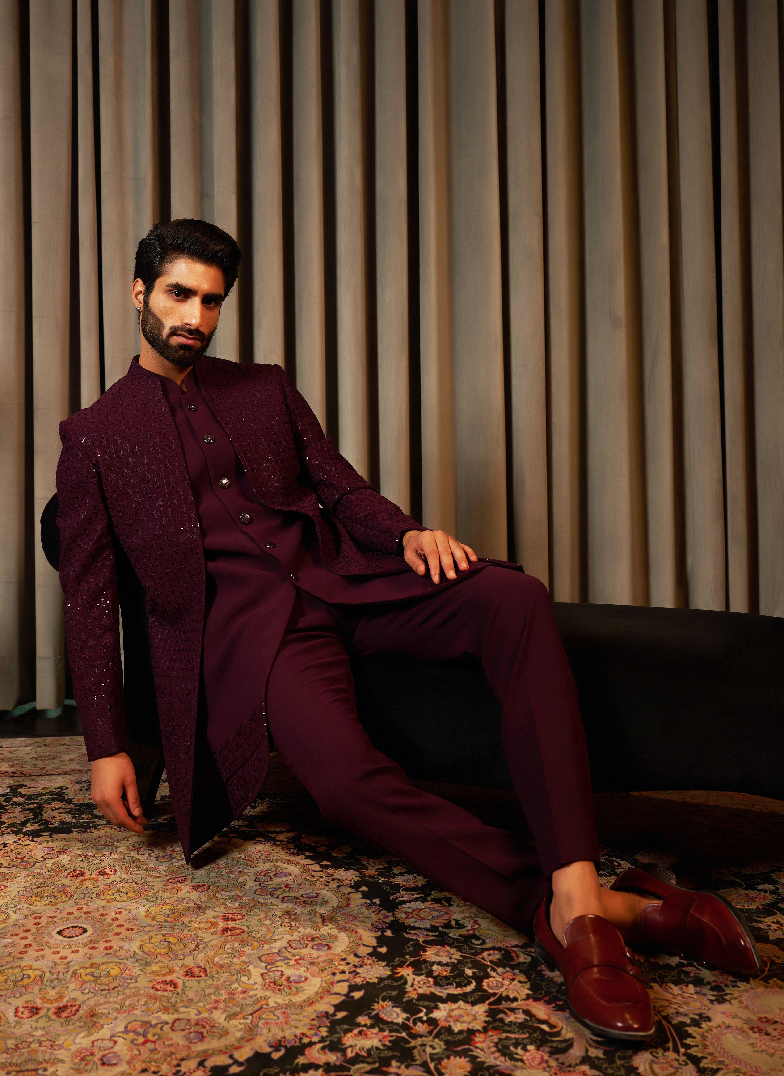 Dazzling Wine Indo-Western with Sequin Detailing, A Showstopper Ensemble
