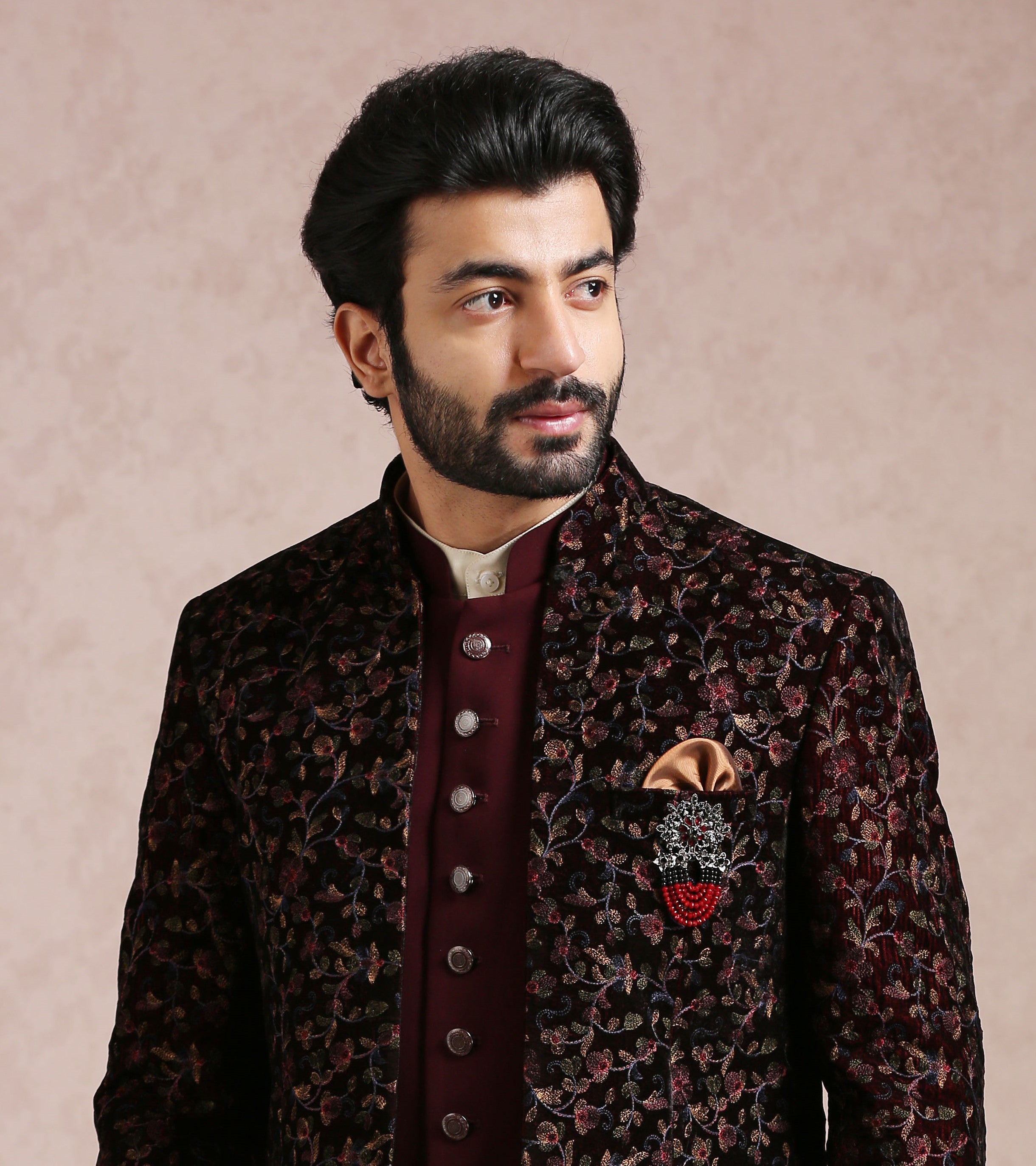  A Timeless Fusion
Stylish Wine Indo-Western with Intricate Embroidery