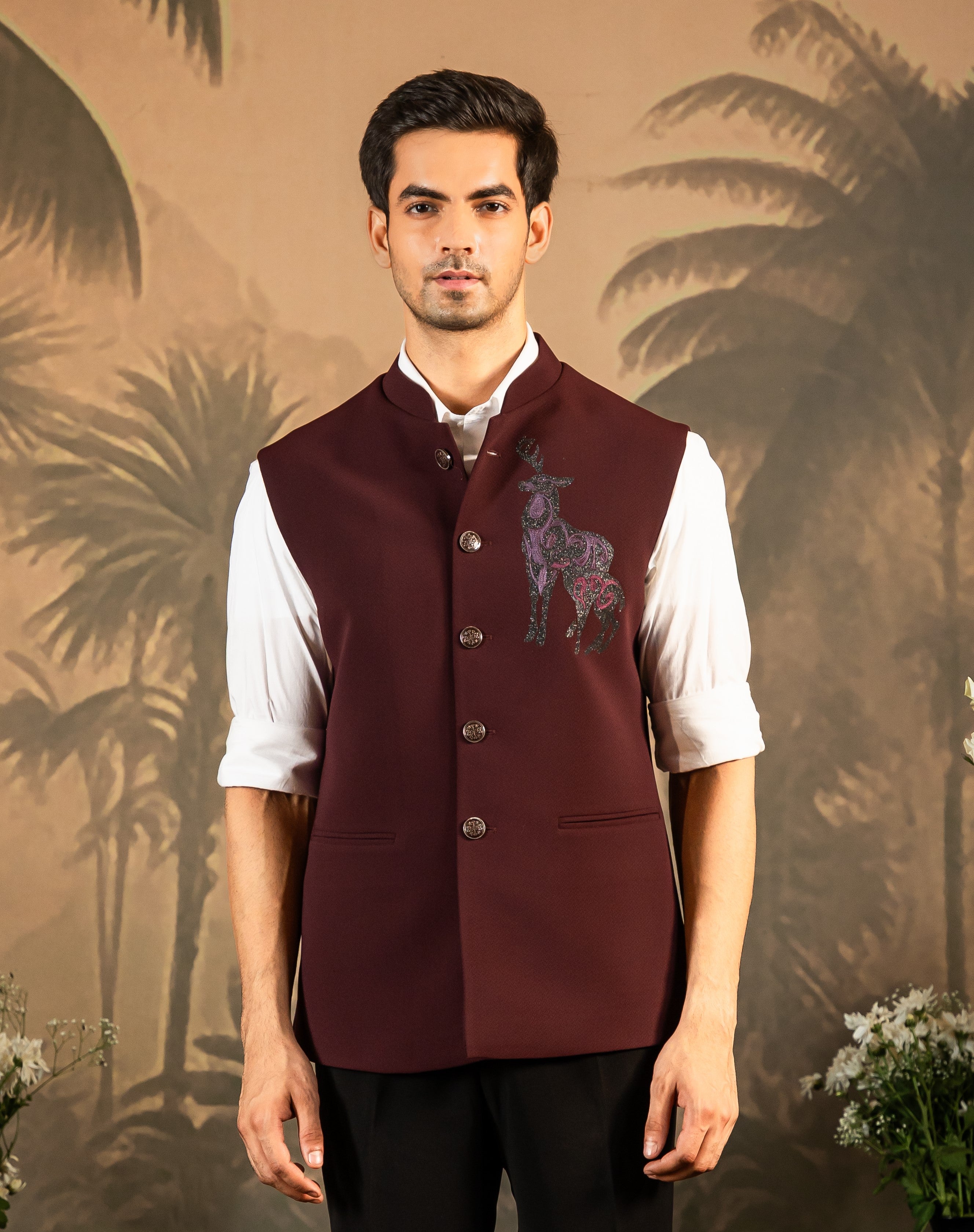 Stylish Wine Jacket with Designer Motif