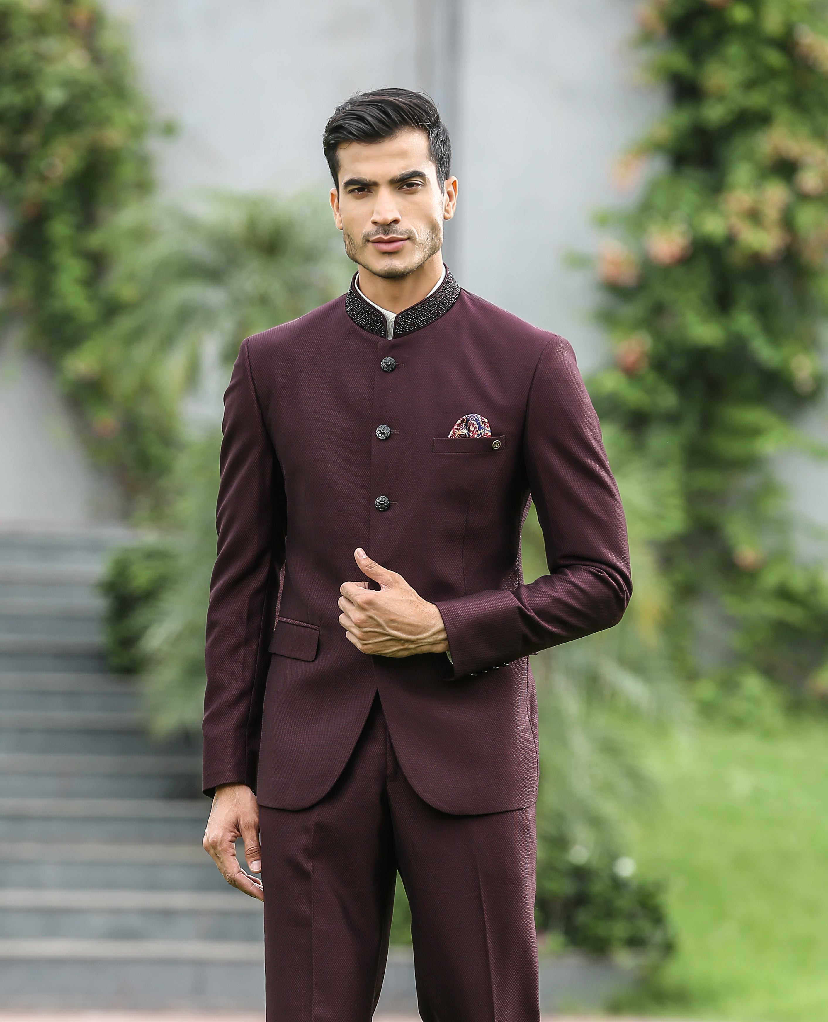Modern Men's Fashion
Trendy Wine Textured Bandhgala with Crystal Work