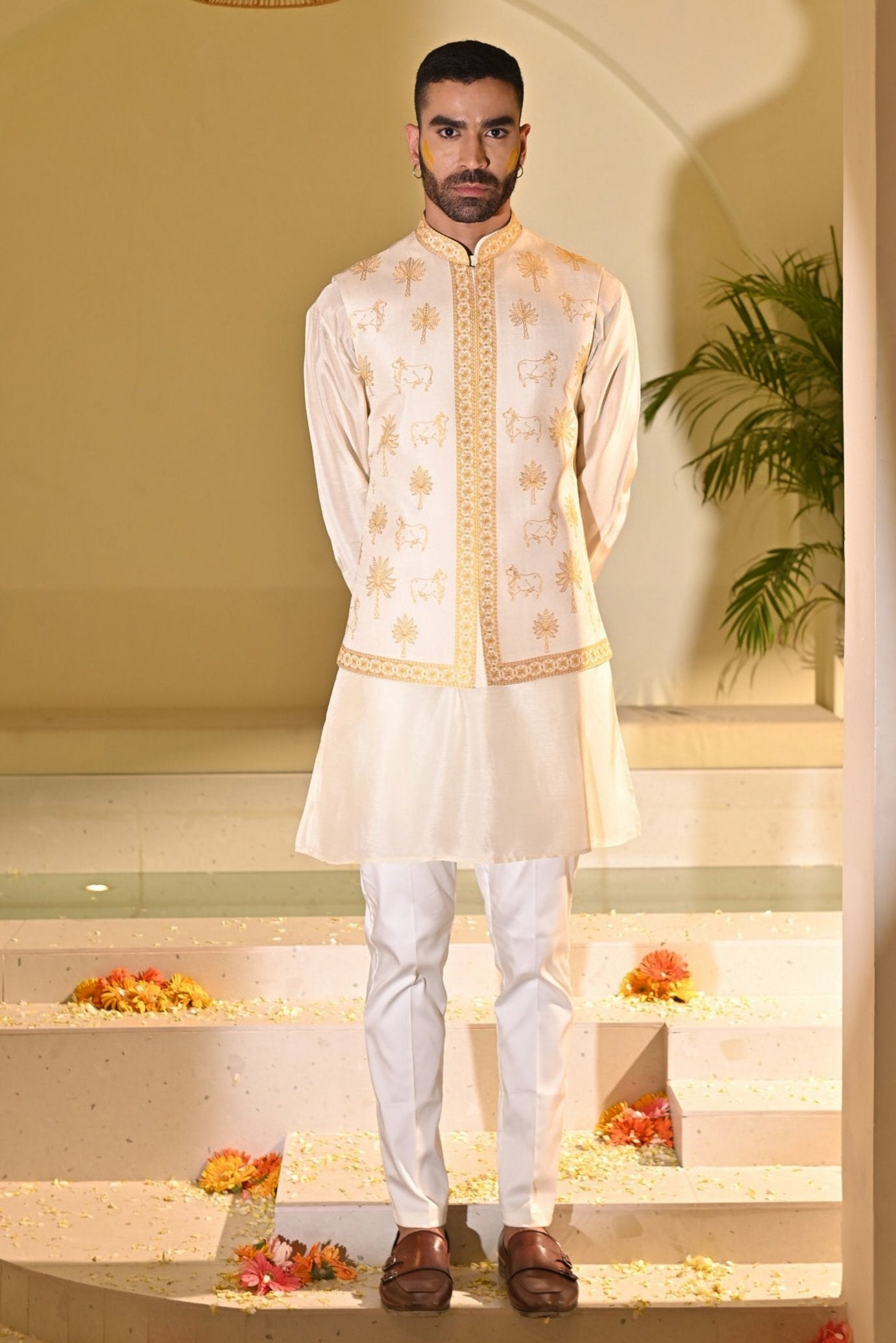 White Kurta With Golden Jacket Yellow Kurta White Kurta Pajama