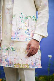 Close-up of the yellow linen front open kurta jacket set, highlighting the linen texture and front open design.