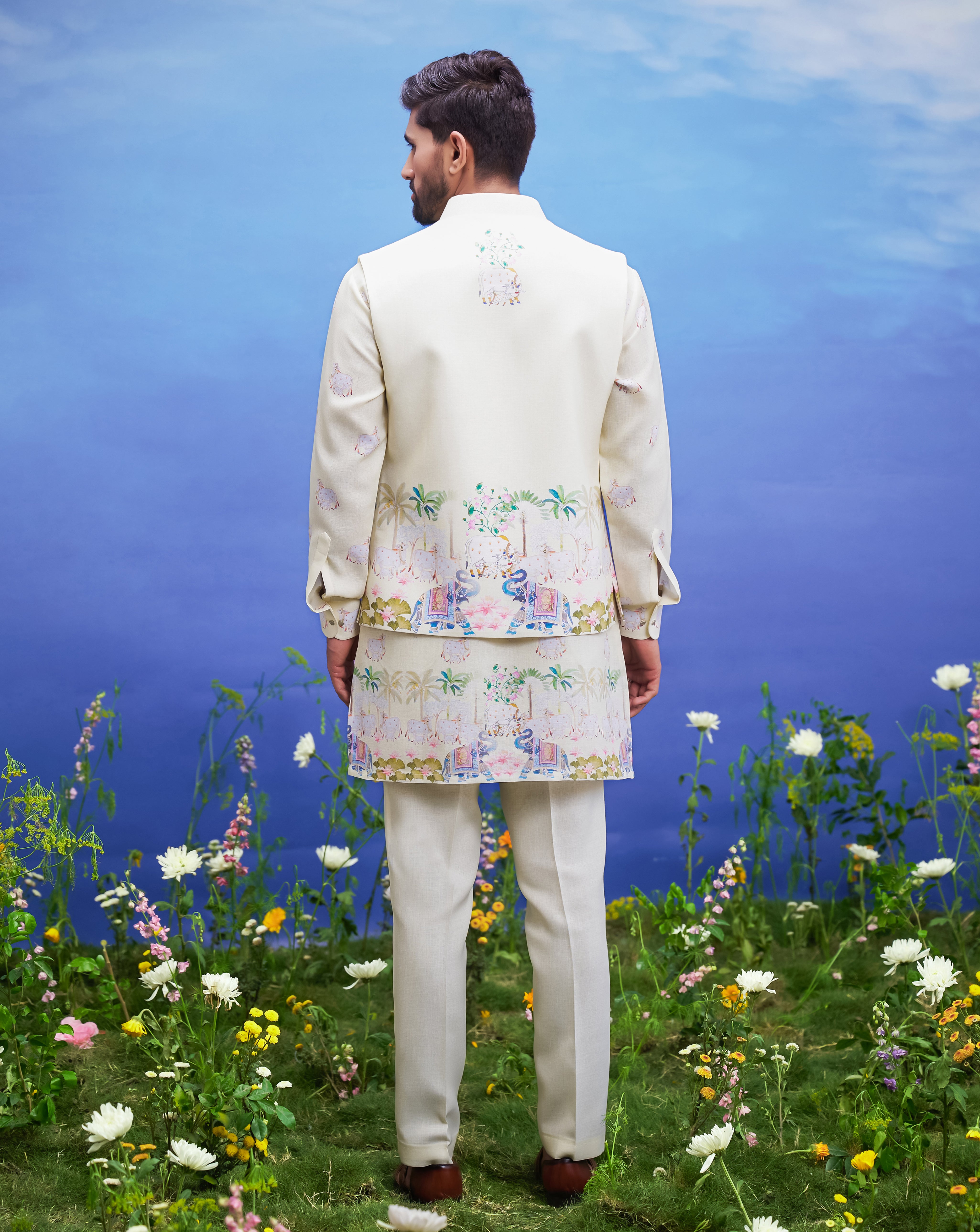 A detailed view of the yellow linen front open kurta jacket set, showcasing the linen fabric and front open style.