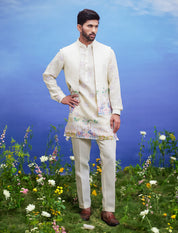 Men's yellow kurta jacket set, suitable for festivals and cultural events, available in sizes 36 to 44 and custom.